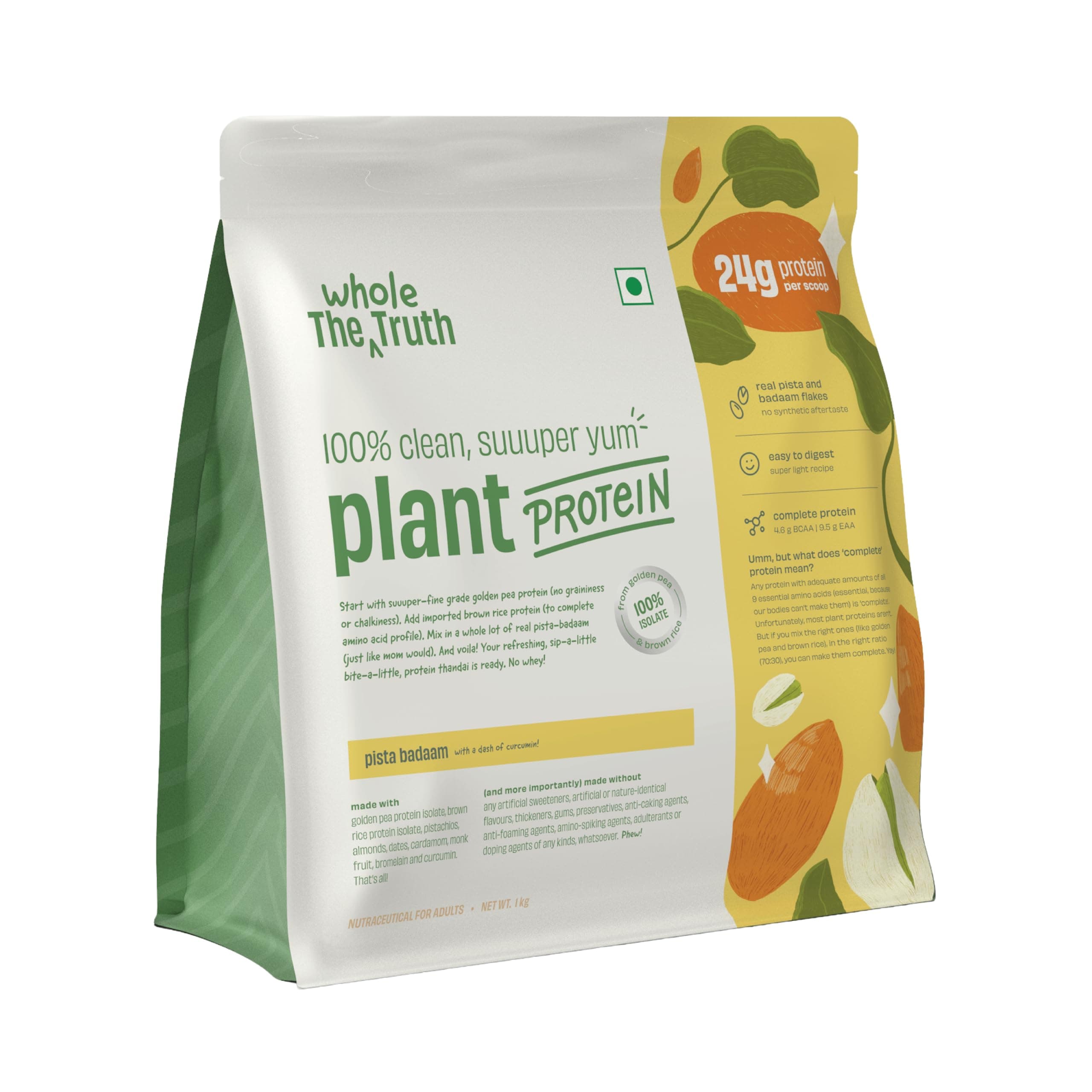 The Whole Truth Plant Protein Isolate 1 KG (2.2 lbs) | Pista Badaam | 24g Protein/Scoop | Real Ingredients | Clean Recipe | No Added Flavours | Pea & Rice Isolate | Easy to Digest