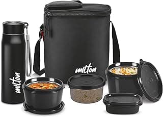 MILTON Max Meal Tiffin (2 Microwave Safe Inner Steel Containers, 320, 450ml;1 Plastic Container,280ml; 1 Handy Bottle,690ml,1 Plastic Chutney Dabba,100ml) with Fabric Bag,Black,Leak & Odour Proof