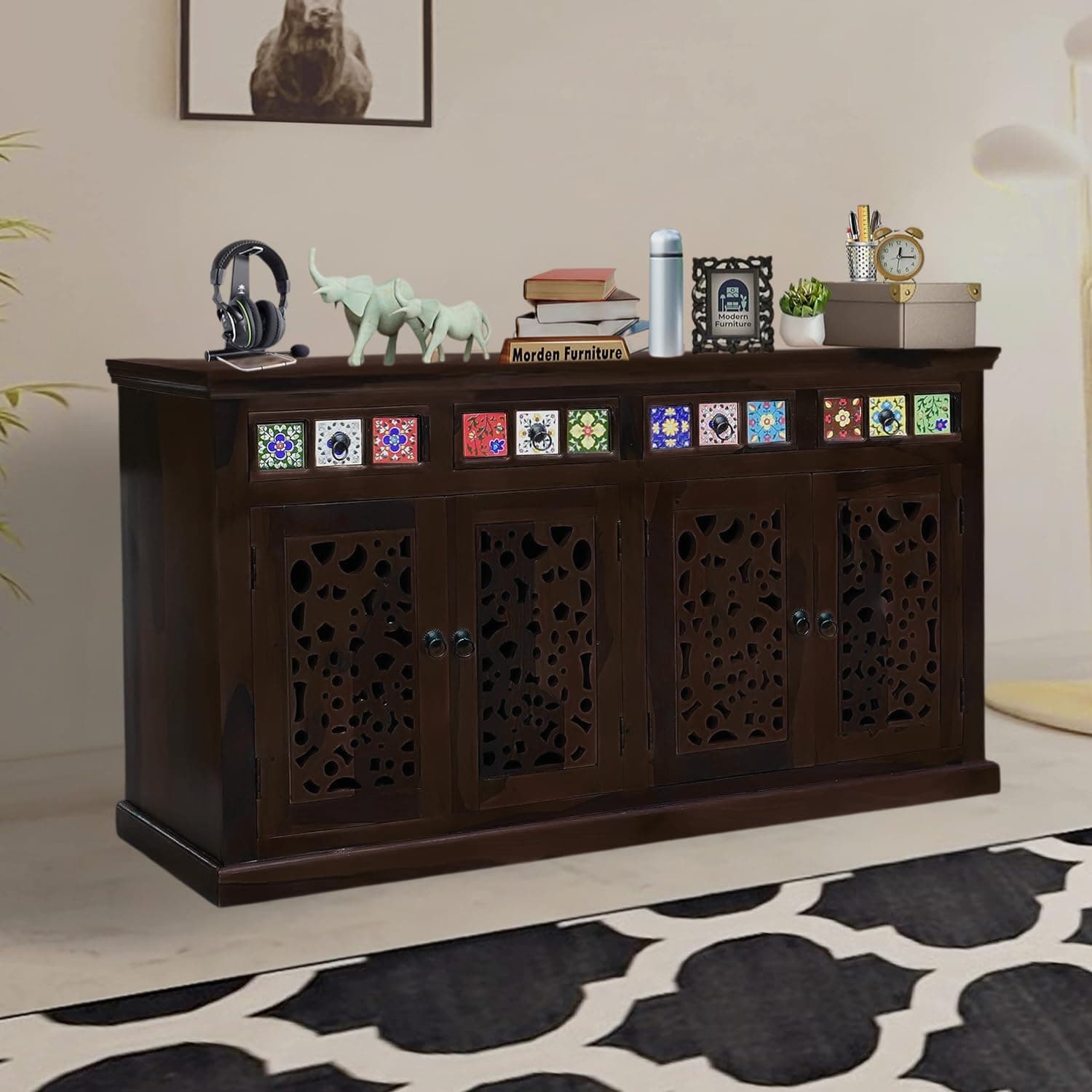 SONA ART & CRAFTS CNC Tile Solid Sheesham Wood Sideboard Cabinet Storage Organizer with 4 Drawer & 4 Door Cabinet for Home Kitchen Living Room & Bedroom Multi Shelves Cabinets Hallway (Walnut Finish)