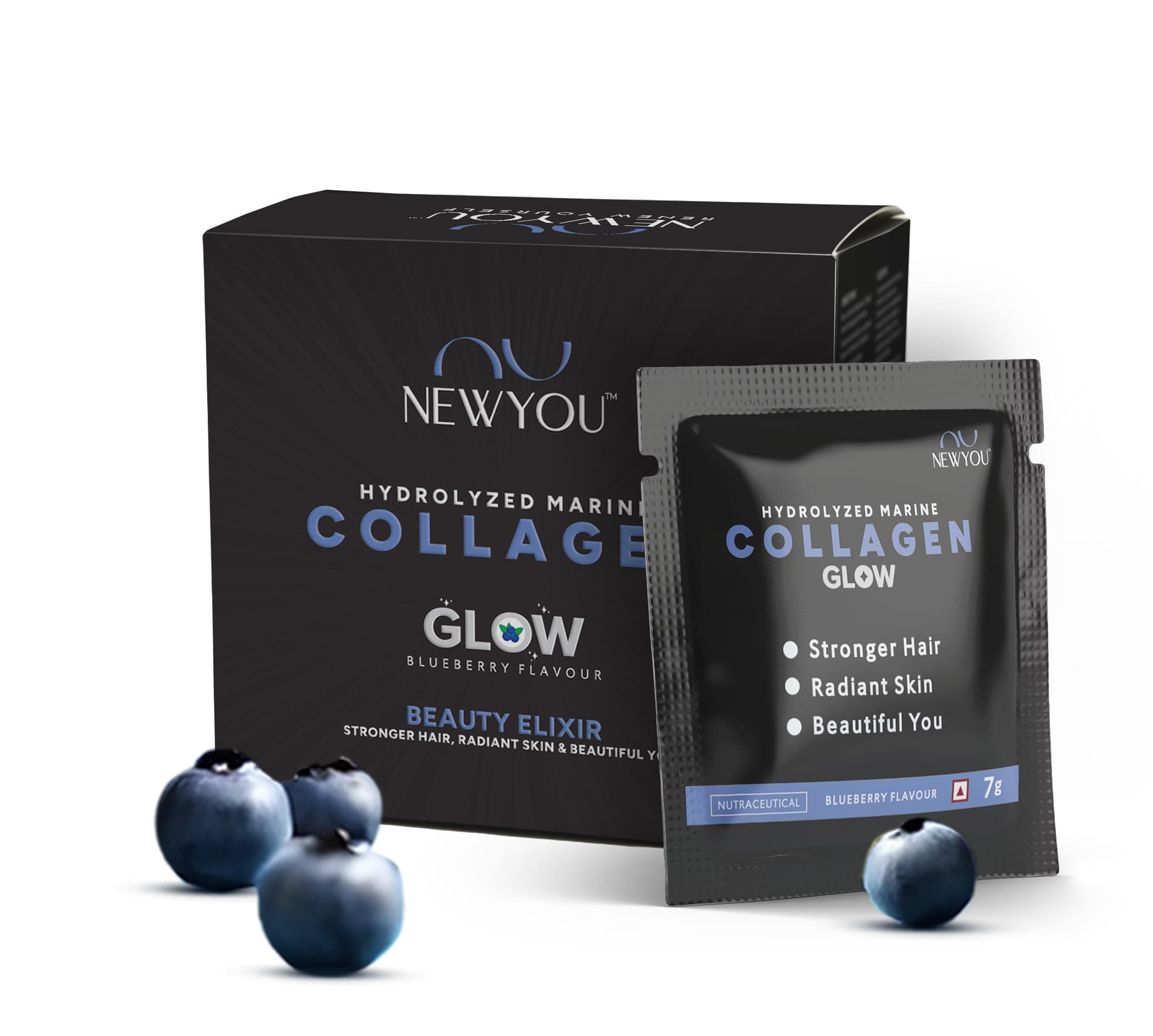 NewYou Collagen Glow Marine Collagen Powder for Skin, Hair & Nail Support | With Glutathione, Biotin, Hyaluronic Acid & Vitamins B Complex, C & E | Supports Skin Hydration & Hair Health | Blueberry Flavour | Trial Pack 70g