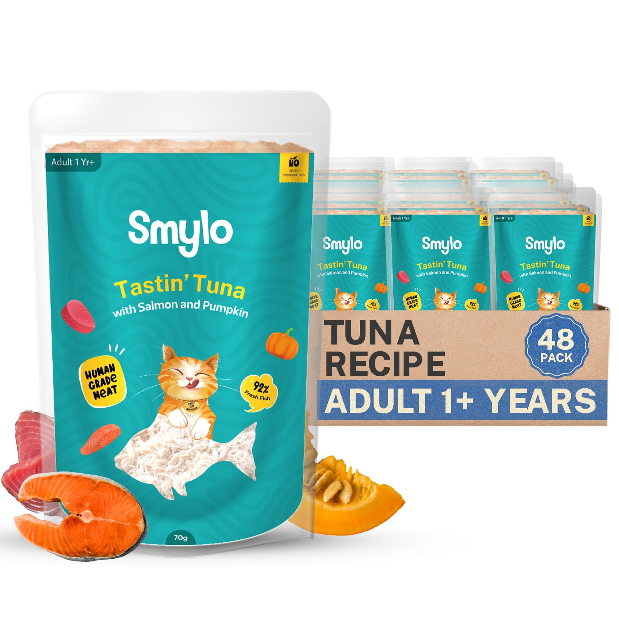 Smylo Natural Healthy Adult Cat Wet Food (1+ Yrs) 70g x 48 Packs | Tuna, Salmon, & Pumpkin | for Healthy Skin & Coat, Supports Digestion | Grain Free, No Preservatives or By-Products | Vet-Formulated