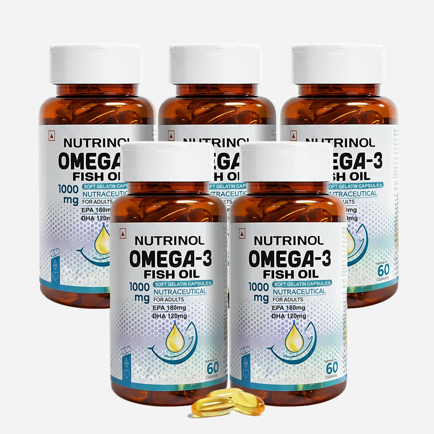 Knoll Healthcare Nutrinol Omega 3 Fish Oil 1000mg for Men & Women Antioxidant & Energy,Stamina & Immunity & Maintains Bone & Joint Health,EPA 180mg DHA 120mg (300 Cap) (Bottle) Pack of 5 [BR&-KNOLL]