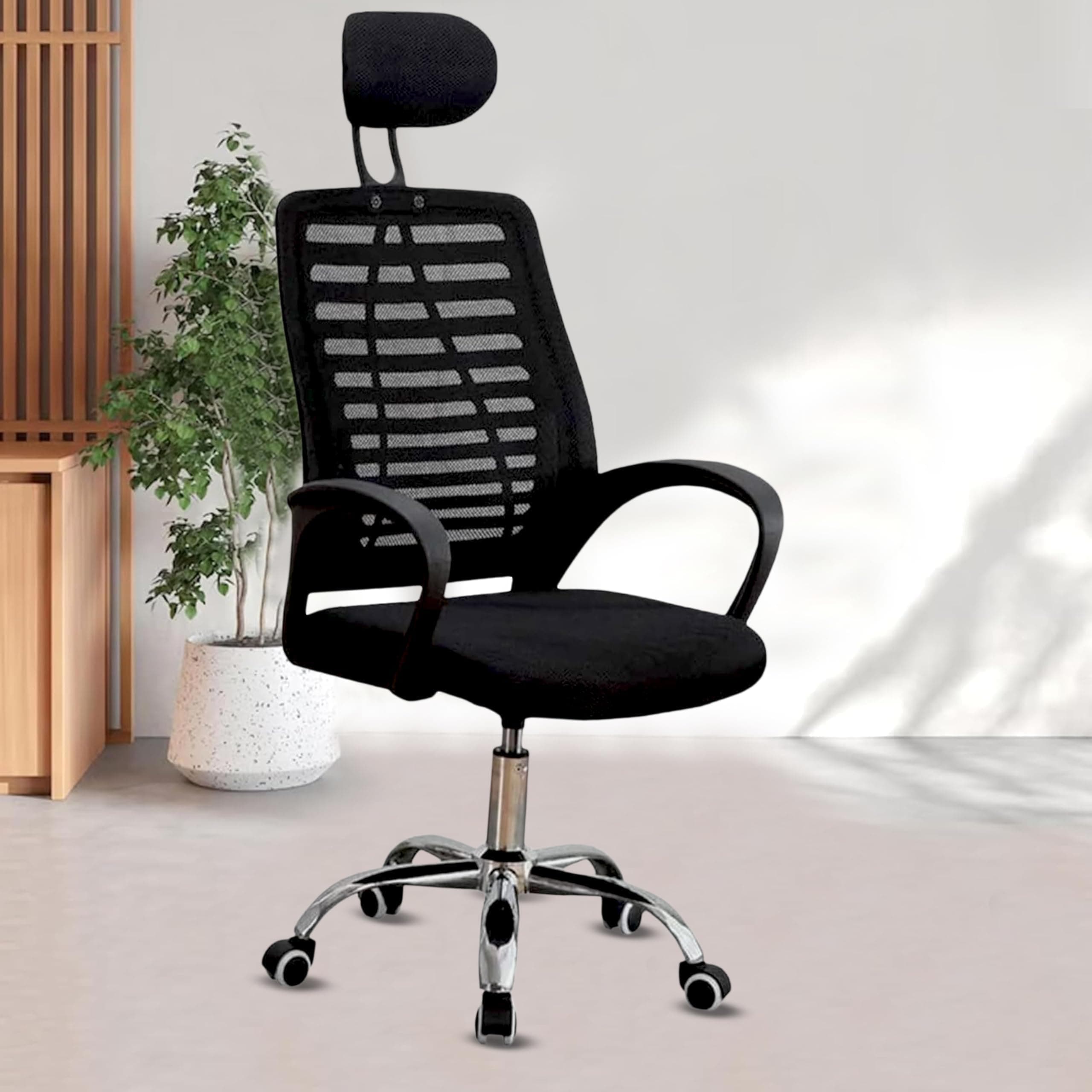 Casa Haus,Mesh Office Desk Chair,Rocking Ergonomic Computer Adjustable High with Headrest and Armrest Swivel Chair - Jet Black & Black Handle