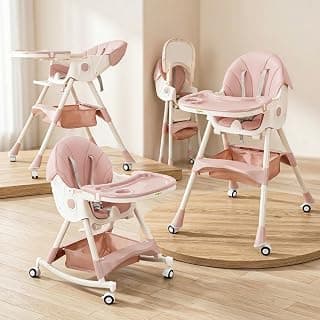 BAYBEE 3 in 1 Convertible High Chair with Adjustable Height and Footrest,Baby Toddler Feeding Booster Seat with Tray,Wheels,Safety Belt and Cushion,for Boys & Girls 6 Months to 3 Years (Liora Pink)
