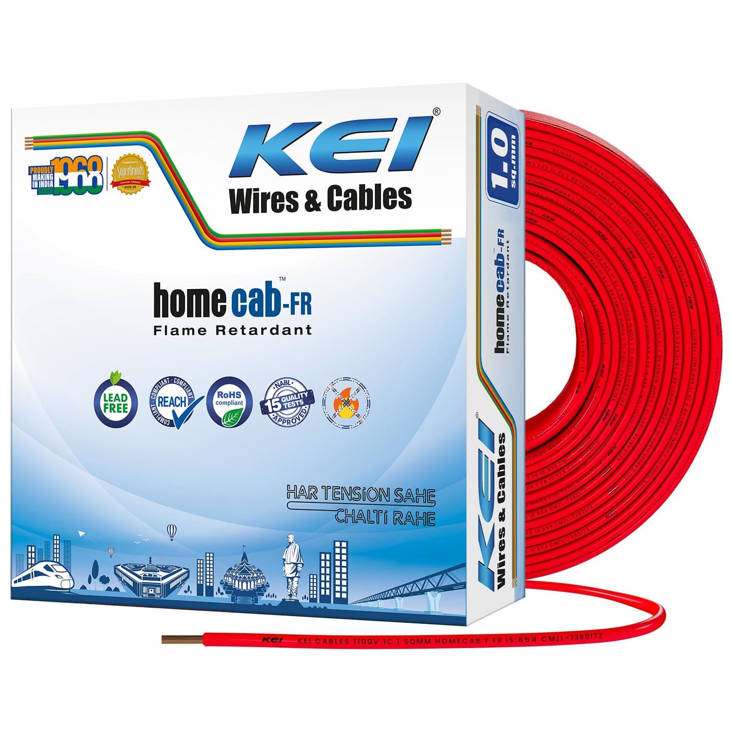 KEI WIRES & CABLES Homecab 1 sqmm 1 Core 99.97% Pure Copper Conductor Flame Retardant House Wire PVC Insulated Cable for Domestic & Industrial Electrical Wiring (Red, 90 Meters)