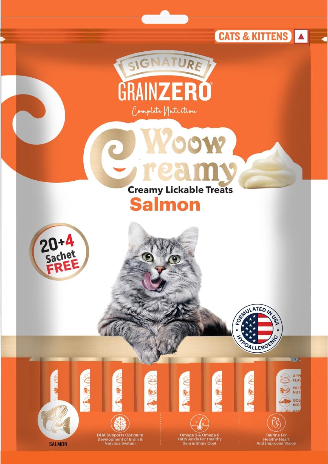 Grain Zero Creamy Lickable Cat Treats 360g (20 Sachets + 4 Free) | Salmon | Rich in Protein, Promotes Hydration | No Artificial Preservatives | Best for Training & Bonding | All Life Stages