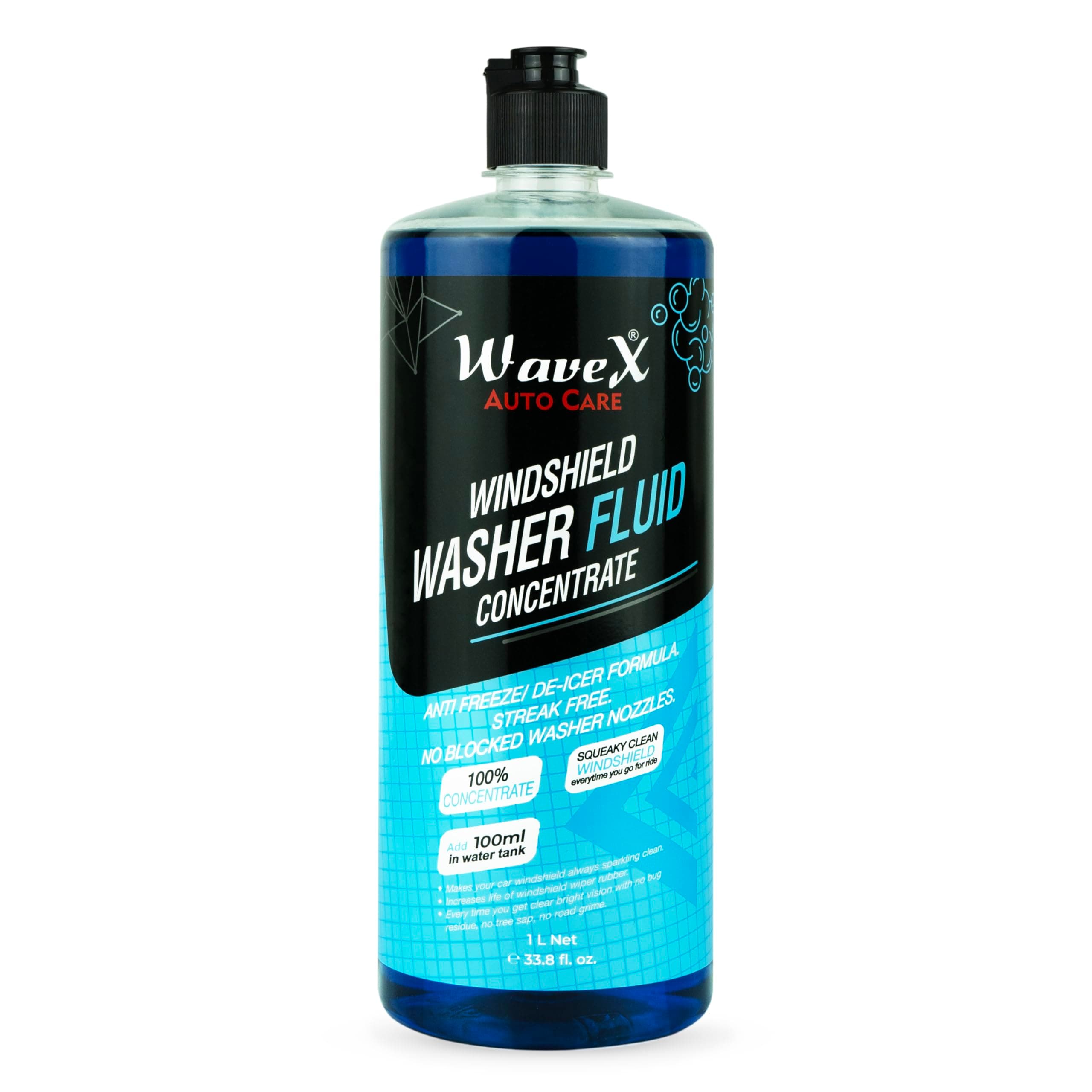Wavex Windshield Washer Fluid for Car 1000ml | Concentrated Car Wiper Fluid for Windshield Tank | Streak-Free Crystal Clear Visibility | Removes Dirt, Oil & Hard Water Marks