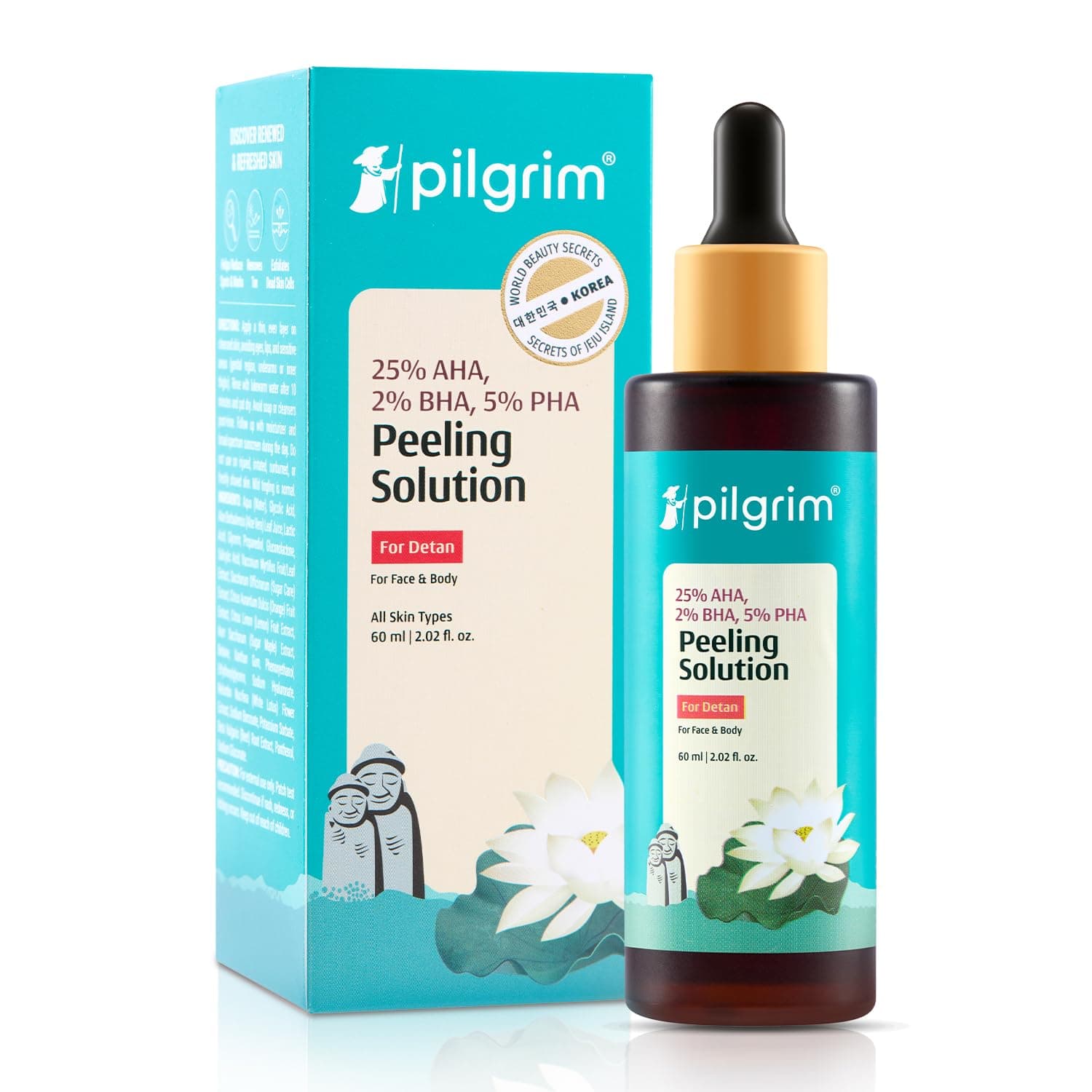 Pilgrim 25% AHA + 2% BHA + 5% PHA Peeling Solution For Tan Removal - 60ml |10-Minute Facial At Home | Advanced Exfoliating Peel for Brighter & Smoother Skin, Pore Cleansing | For All Skin Type