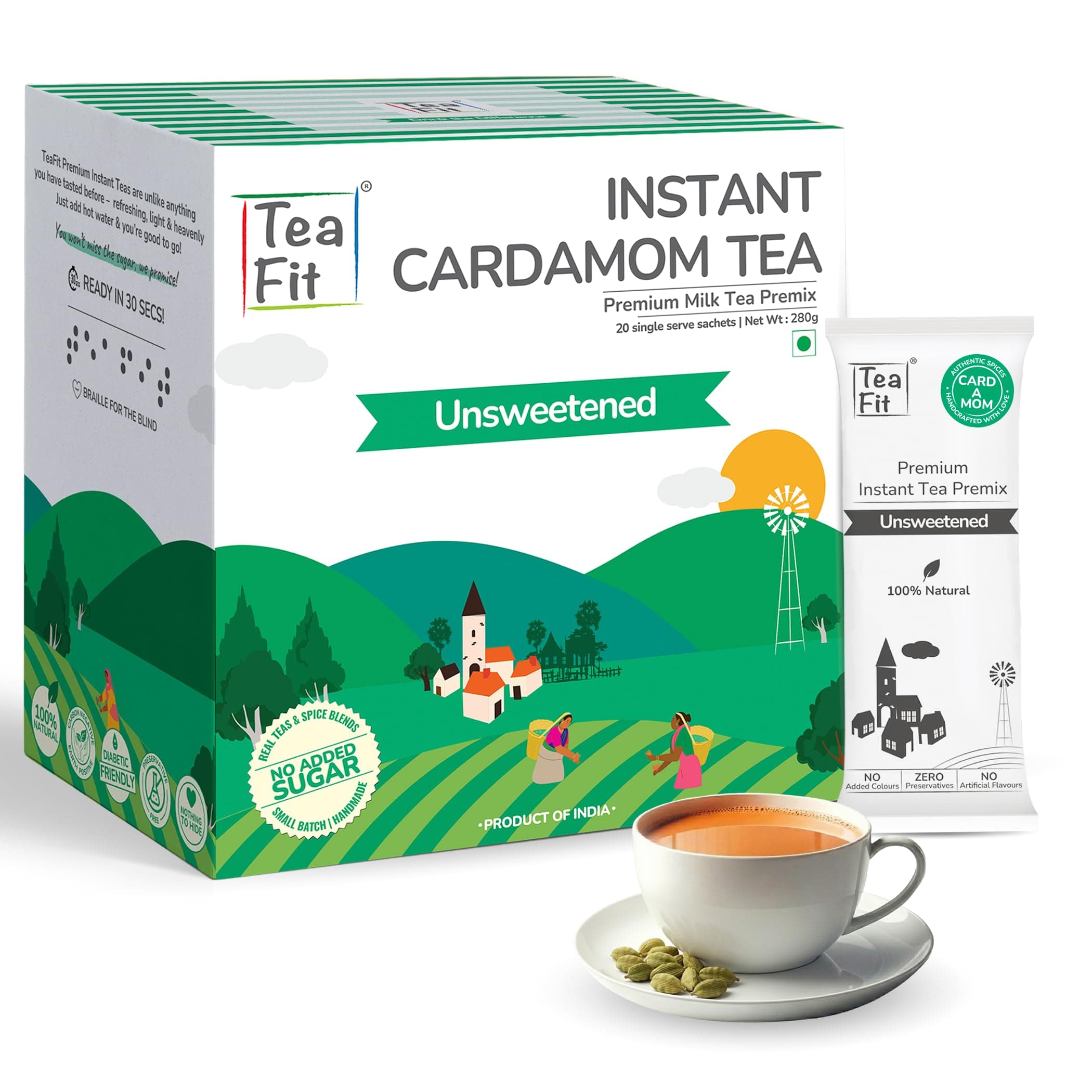 TeaFit Premium NO SUGAR Instant Cardamom Tea Premix | Pack of 20 Sachets (280gm) | Real Milk & Cardamom | Home Style Elaichi Chai | Milk Tea Premix | Diabetic Friendly | No Added Sweeteners