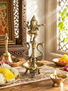Two Moustaches Brass Ganesha Diya Oil Lamp with Dancing Ganpati Idol – Traditional Handmade Pooja Deepak for Home Temple, Housewarming & Festive Decoration , Spiritual Gift , Standard , Pack of 1