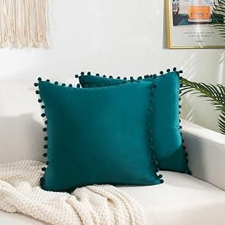 Velvet Pompom Cushion Cover 12x12 Inch - Set of 2 Large Square Throw Pillow Covers for Sofa Living Room or Home Decor in Color Dark Teal