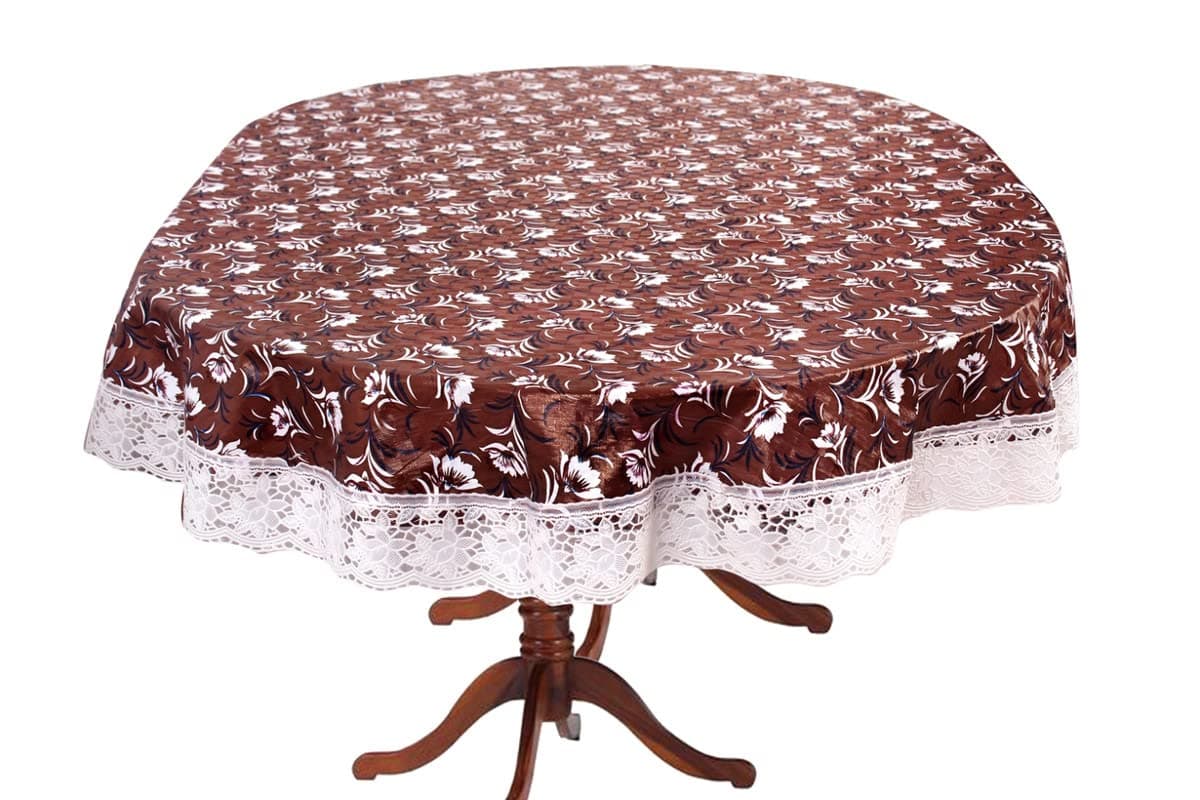 Stylista Waterproof 4 Seater Oval Dining Table Cover WxL 54x78 Inches with White Border lace Floral Pattern Dark Brown