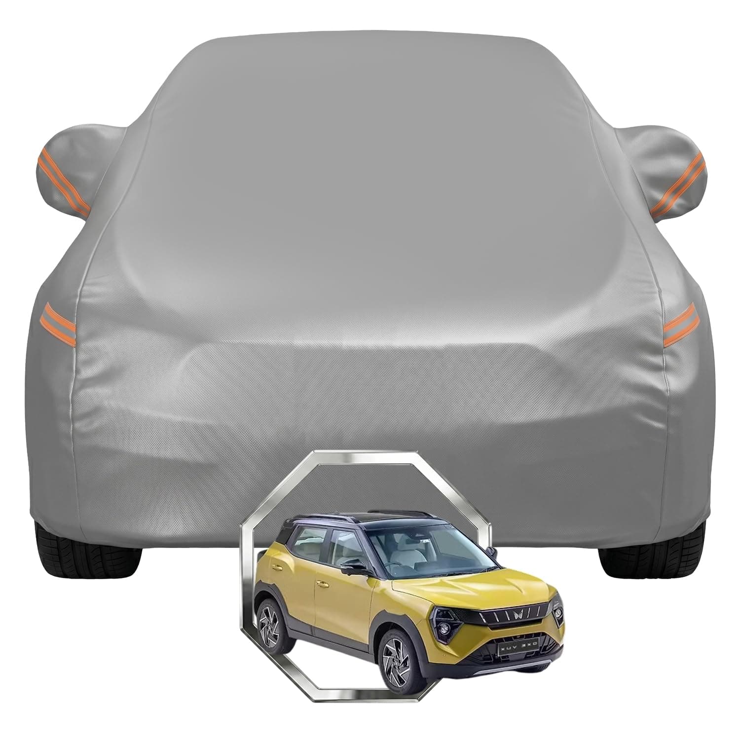 Pivalo Car Cover for Mahindra XUV 3XO All Model & Years with Mirror Pocket 100% Waterproof Triple Stitched Bottom Elastic Dust, Heat & UV Resistant Full Body Protection (Grey with Highlighter)