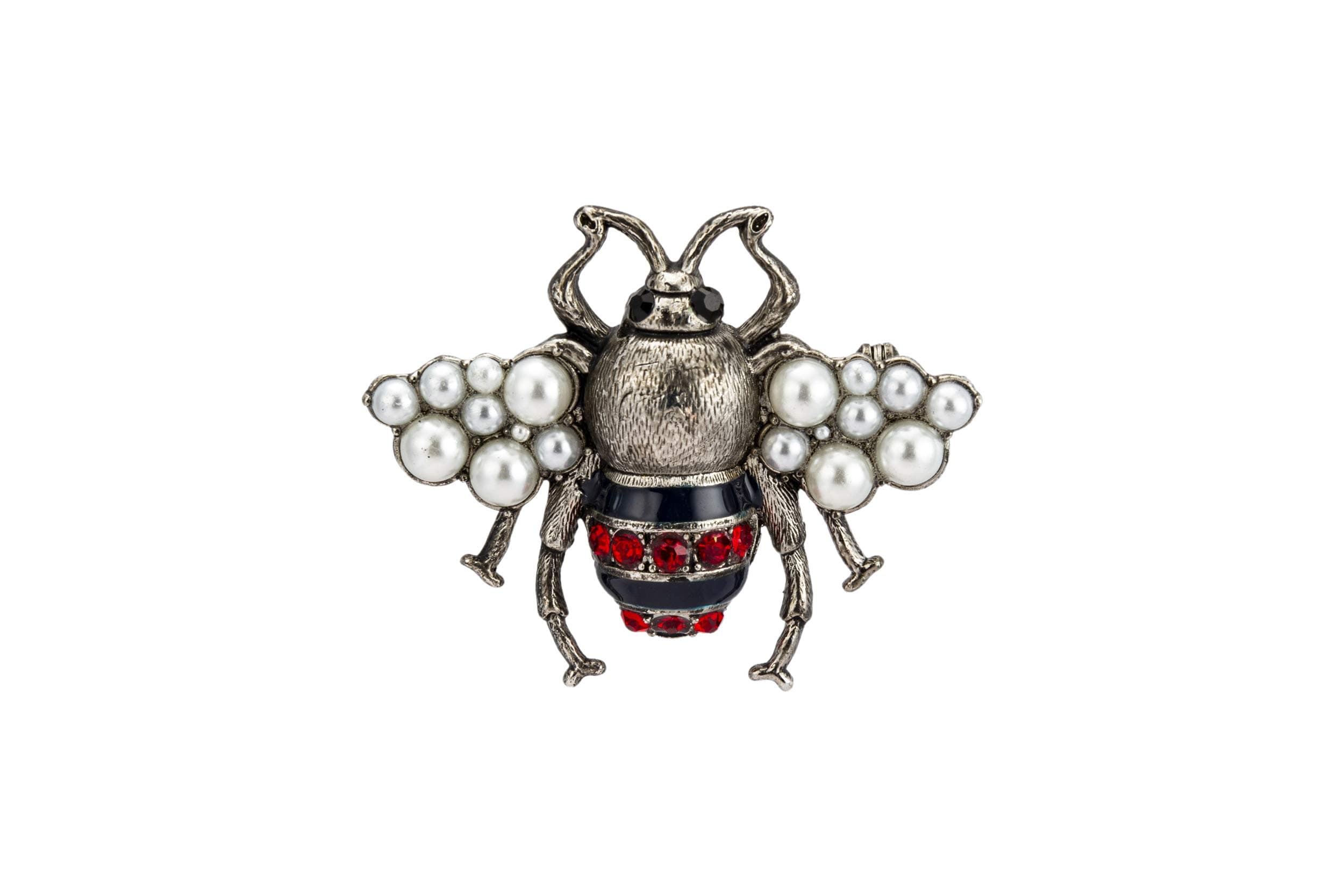 Knighthood White Red Stone Black Enamel Matte Silver and Gun Metal Power Dressing Bee with Pearls Brooch for Men
