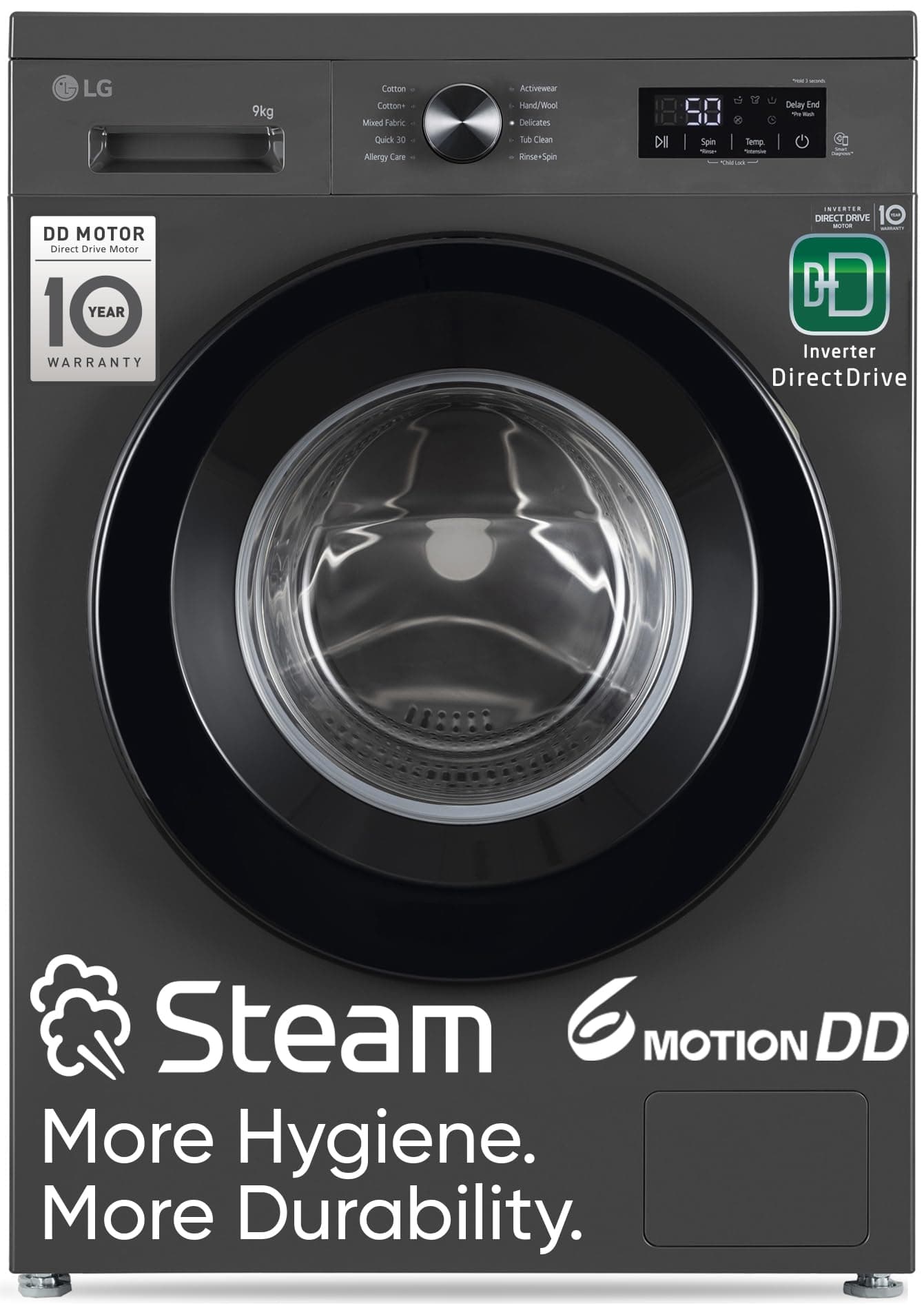 LG 9 Kg, 5 Star, Direct Drive Technology, Steam Wash, 6 Motion DD, Fully-Automatic Front Load Washing Machine (FHB1209Z2M, Allergy Care, In-Built Heater, Touch Panel, Middle Black)