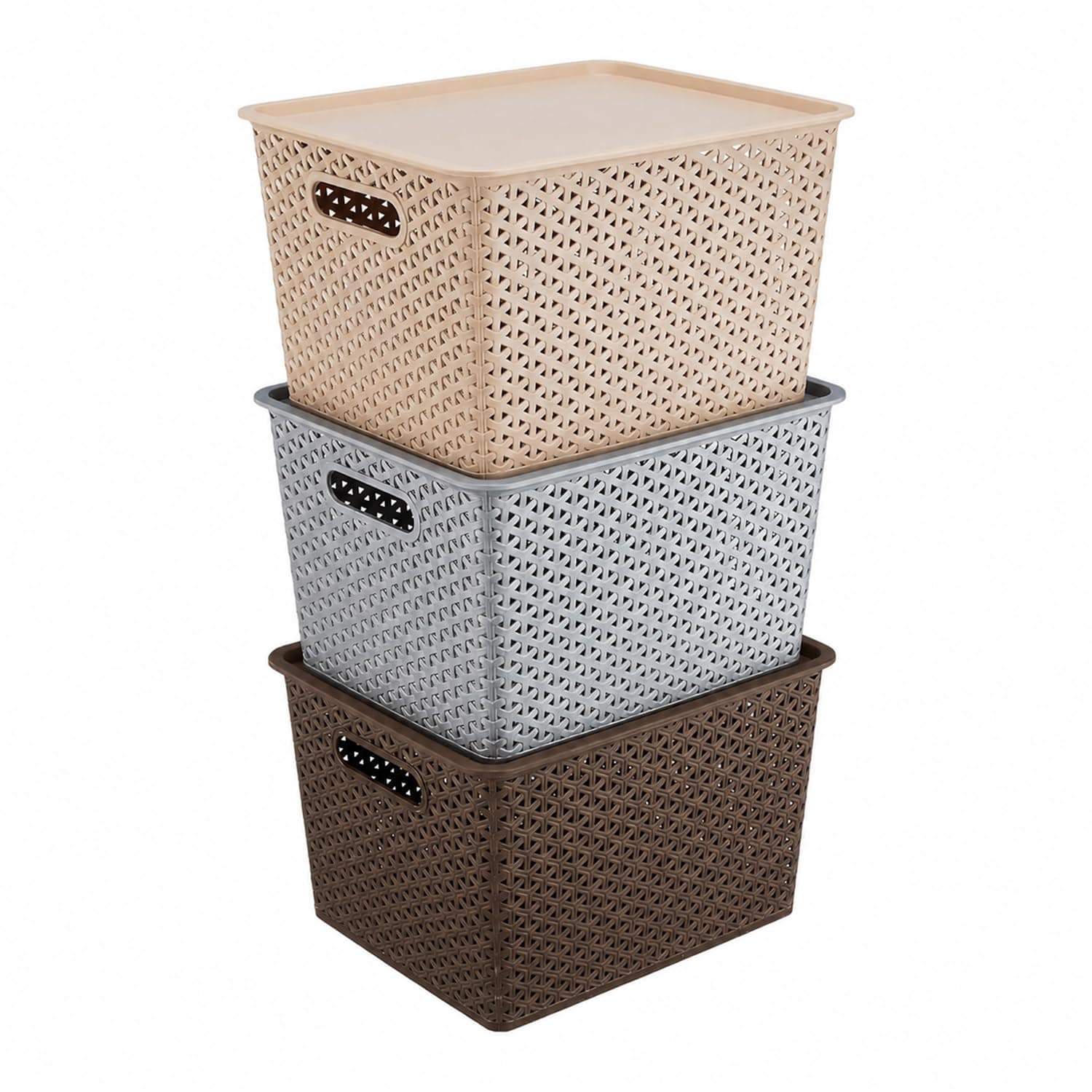 Amazon Basics Set of 3 Plastic Storage Baskets with Lid | Stackable Organiser for Wardrobe, Kitchen, Clothes, Toys, Books, Office Multipurpose Shelf Basket (Large, 36×30×22 cm) Multicolour,Rectangular