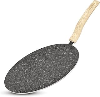 BERGNER Earth Black Non-Stick 26 cm Concave Roti Tawa, Wooden Finish Soft Touch Handle, 3mm Thickness, Even Heat Distribution, White Marble Splatter - Induction Bottom and Gas Ready