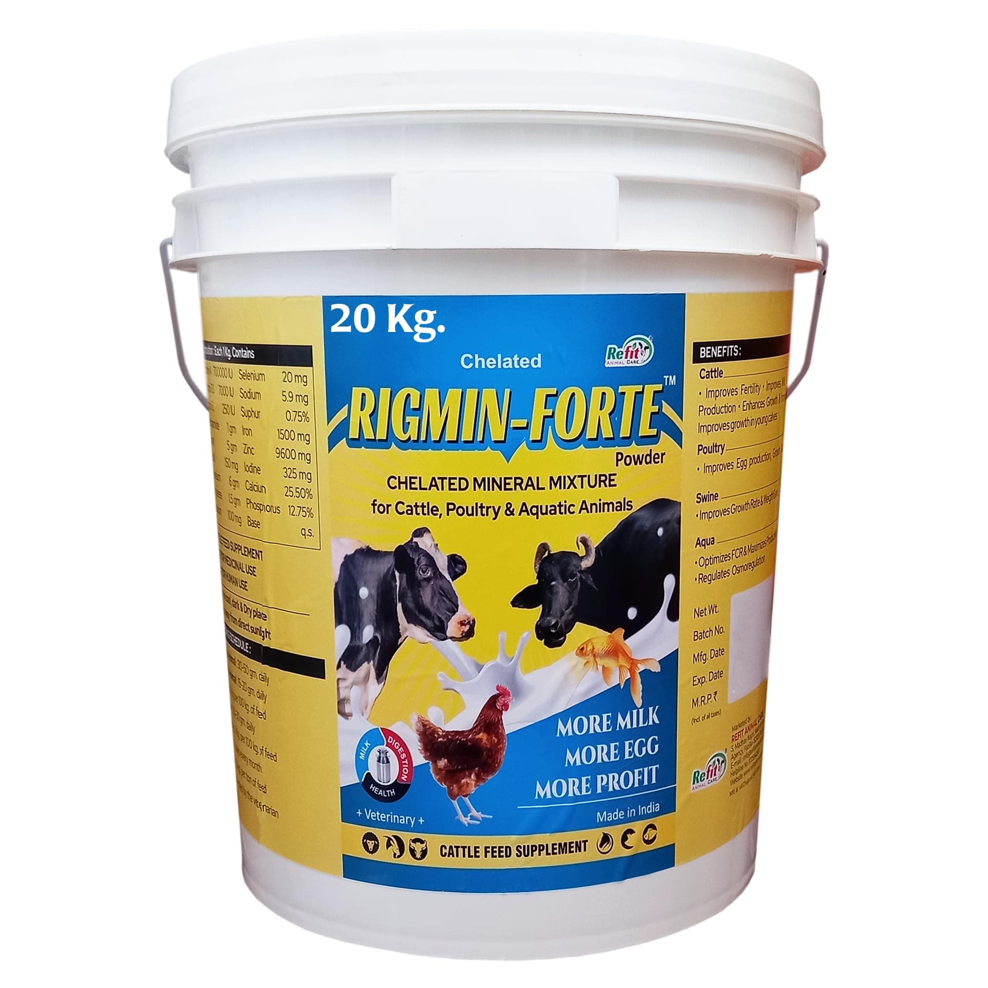 REFIT ANIMAL CARE Chelated Mineral Mixture for Cow, Cattle, Buffalo, Goat, Chicken, Broilers, Poultry and Other Livestock Animals, 20 kg Bucket, Rigmin Forte