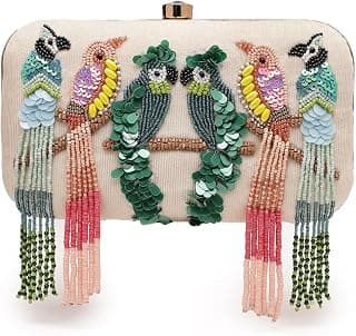 Anekaant Adorn Off White & Multi Embellished Corduroy Clutch | Perfect for Bridal, Festive | Party Purse for Women & Girls