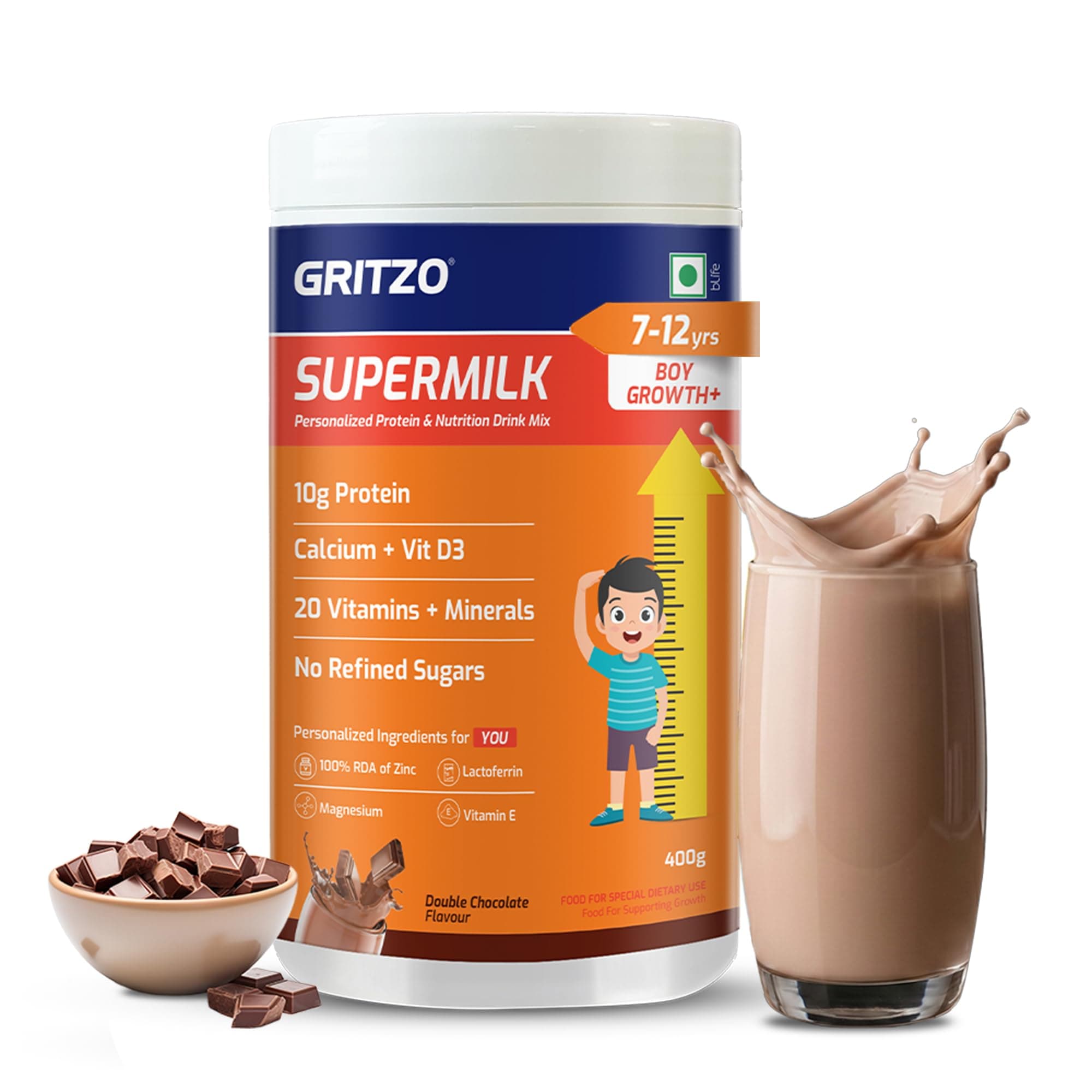 Gritzo SuperMilk Growth+ (Formerly Height+) (7-12y Boys), 10g Protein Powder (Double Chocolate, 400g) | Zero Refined Sugar, 20 Vitamins & Minerals