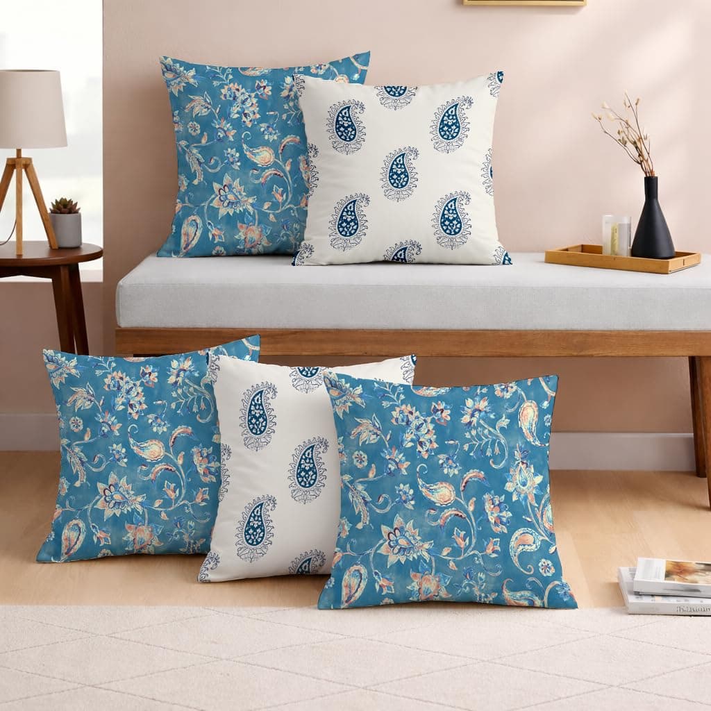 STITCHNEST Set of 5 Polycotton Cushion Covers – 24x24 Inches – Blue & White Paisley Floral Prints – Elegant Traditional Cushion Covers for Sofa & Living Room | Perfect for Home Decor