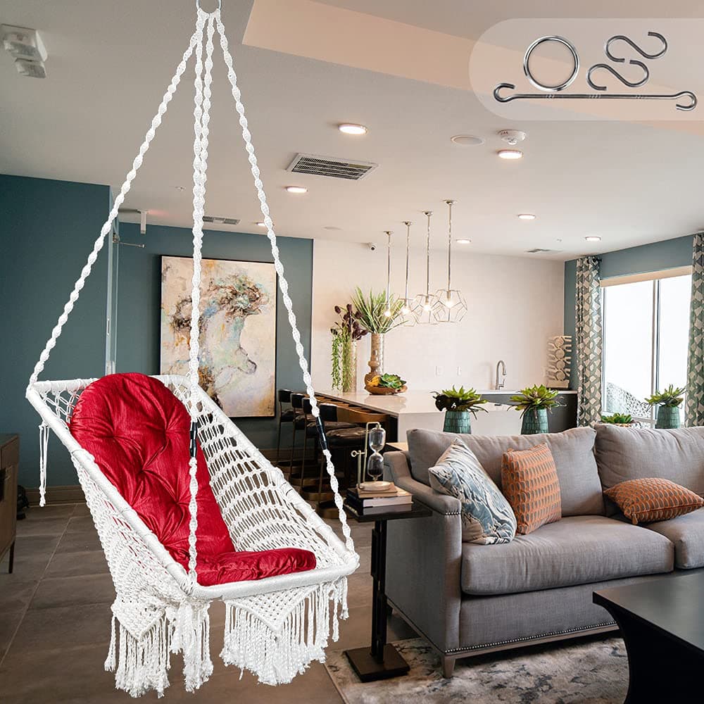 Patiofy Made in India Premium Square Shape Hammock Hanging Cotton Swing Chair with Cushion & Accessories for Kids & Adults/Indoor and Outdoor/ 150Kg Capacity/Swing with Large Red Cushion (White)