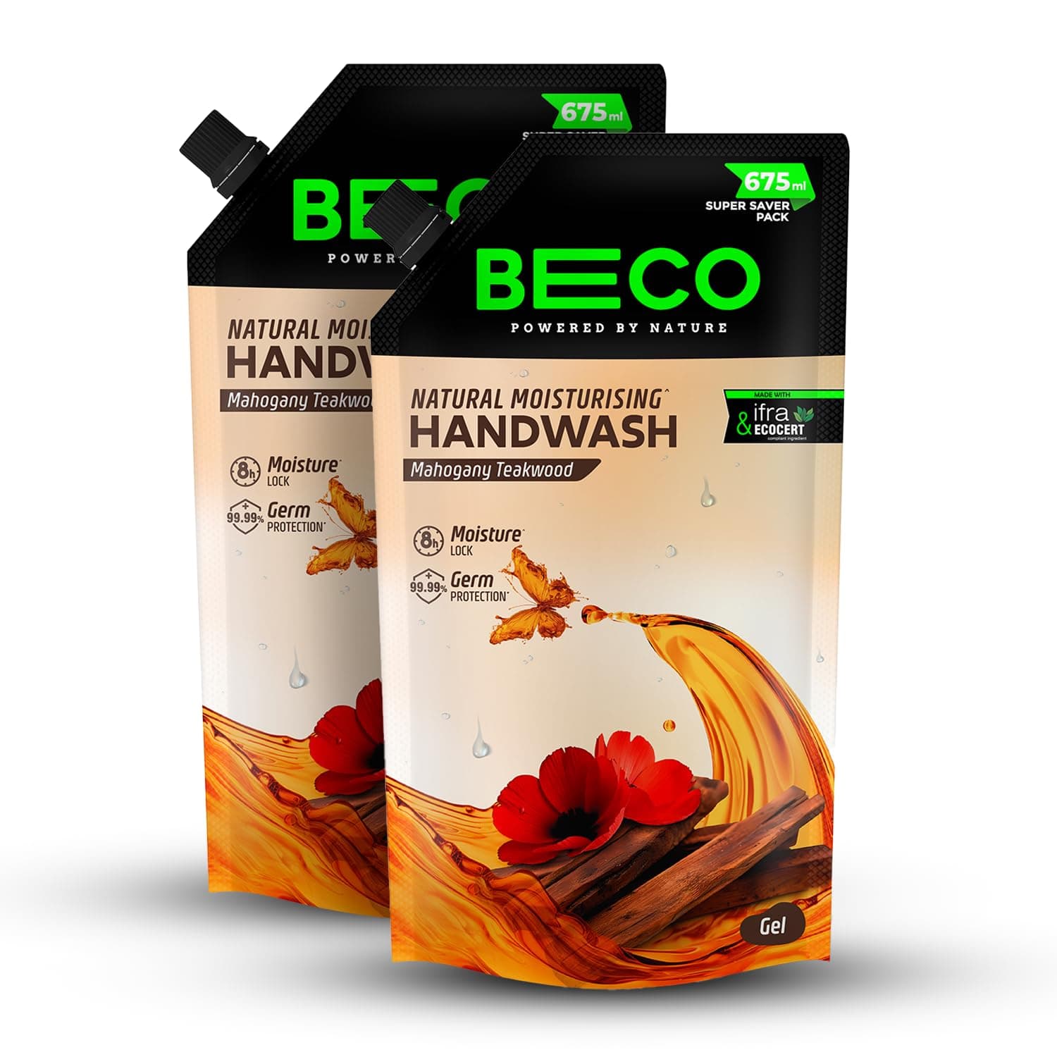 Beco Moisturising Liquid Handwash-Mahogany Teakwood | Pack of 2 | 675 ml | 8-hr moisture lock | Natural, Paraben free, Chemical Free | Kills 99.99% germs, Safe for all Skin types