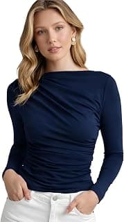 SIGHTBOMB SOFTLINE Boat Neck Low Neck Drape Look Gathered Waterfall Afford LUX Edition Formal WEAR Long Sleeve Feather Touch TOP for Women
