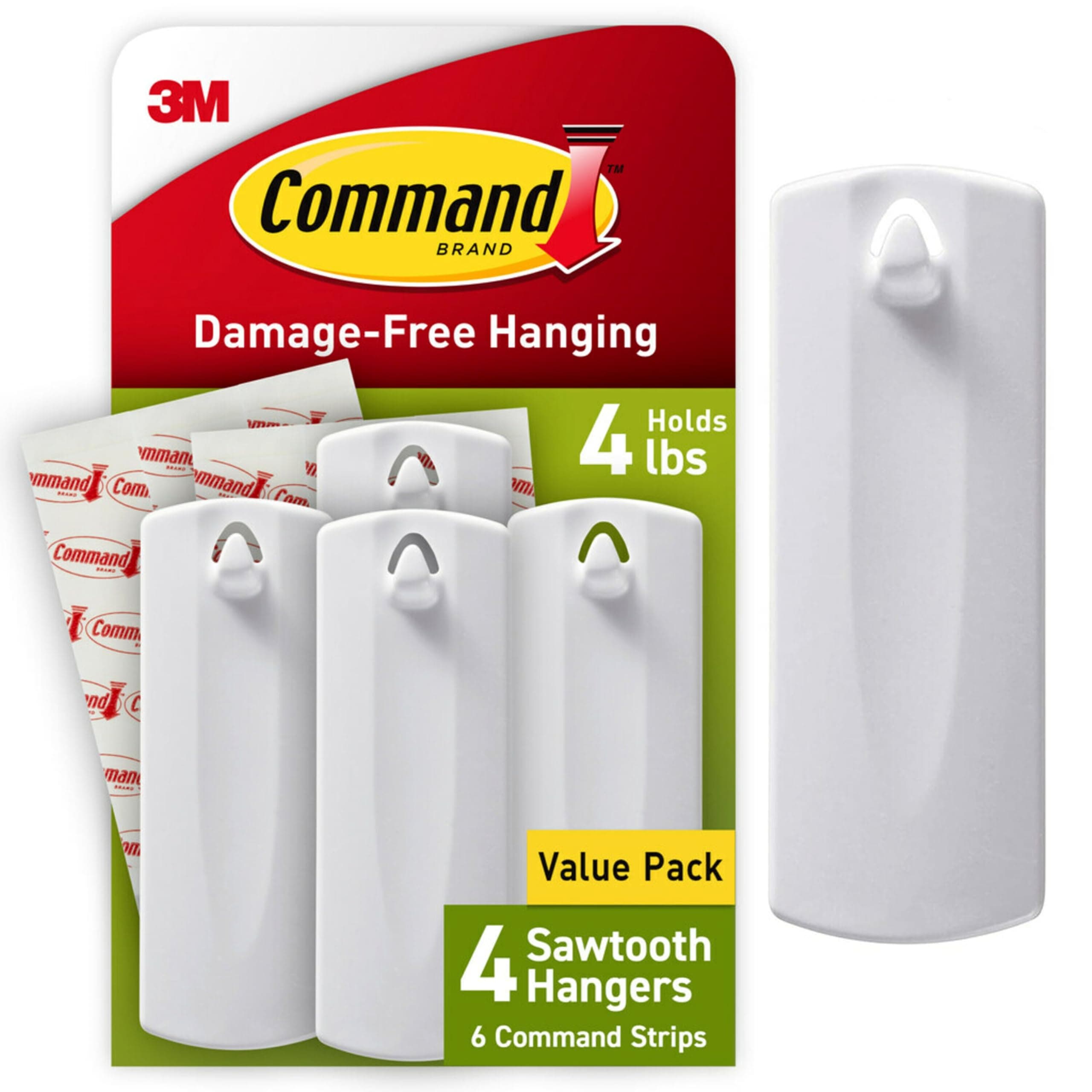 3M Command Sawtooth Picture Hangers, Holds 1.8 kg, No Paint Damage, Holds Strongly, Reusable, Adhesive hooks for wall, Multi-surface (White, 4 hooks, 6 strips)