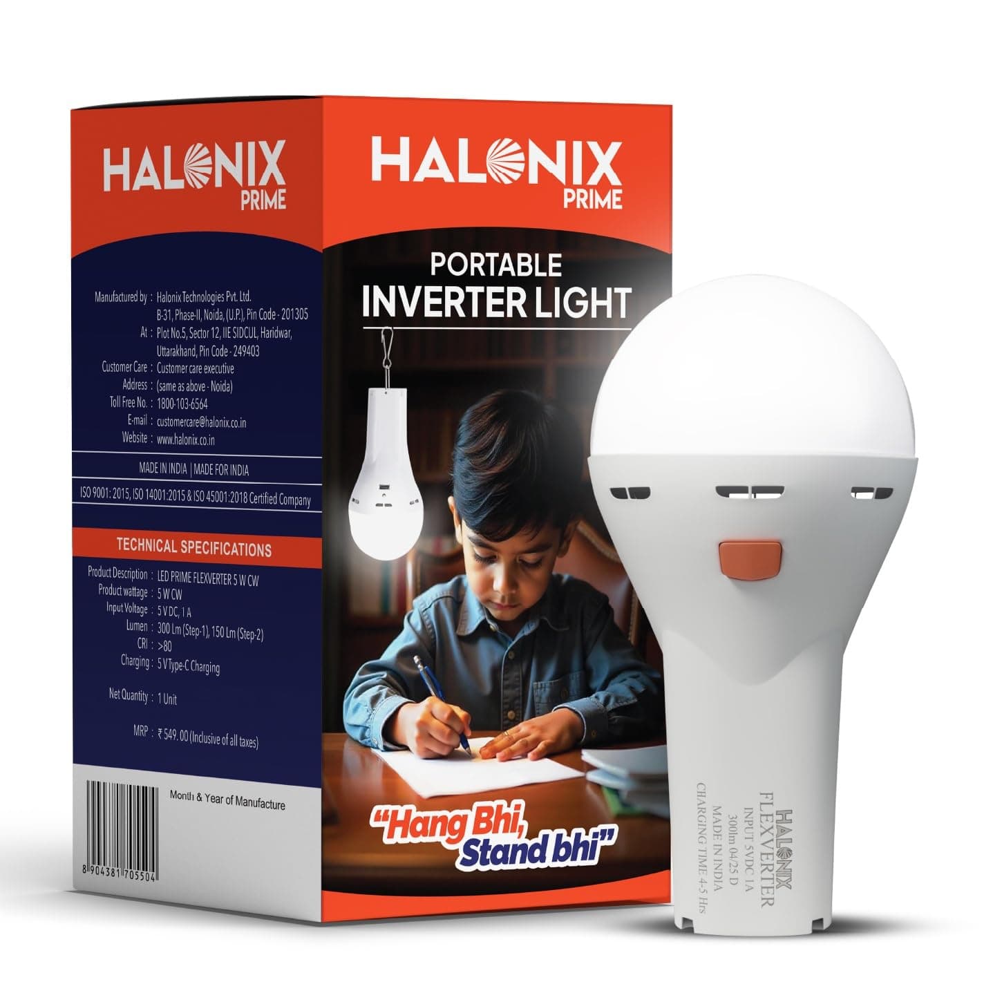 Halonix 5W Portable LED Torch + Bulb 2-In-1 Emergency Hanging Lantern,Rechargeable Emergency Light With Type C Charging,Portable LED Light,4 Hours Battery Backup,Cool Day Light,Pack Of 1,White
