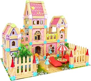 Dollhouse Dream House Doll House with 3 Doll Toy, Princess Castle Tiny House Building Kit, Toddler Playhouse Gift DIY Building for 3 4 5 6 7 8 Year Old Girls