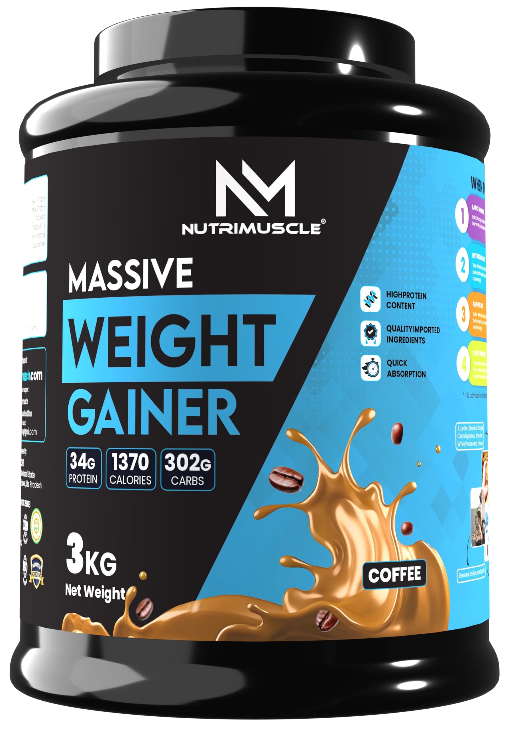 Nutrimuscle Massive Weight Gainer 3Kg | Coffee Flavour High-Calorie Mass Gainer | Complex Carbs + Protein Blend for Weight Gain, Muscle Growth & Strength Training | Men & Women