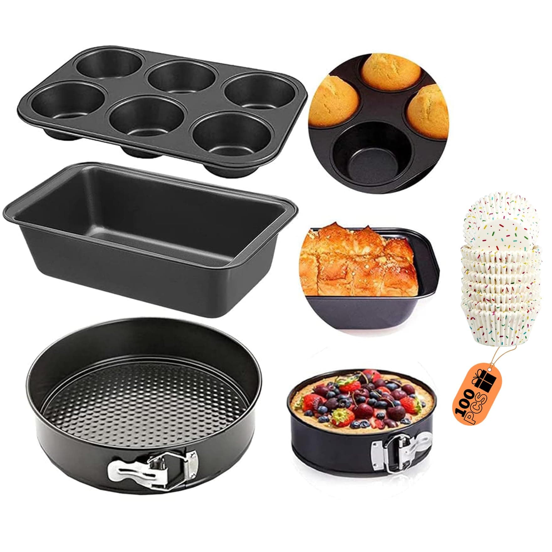 Curated Cart 4Pcs Baking Combo Set | Non-Stick Springform Cake Tin, Bread Loaf Pan & 6 Cup Muffin Tray & 100 Liners | Oven OTG Microwave Air Fryer Safe | Carbon Steel Bakeware Set for Cake & Cupcake