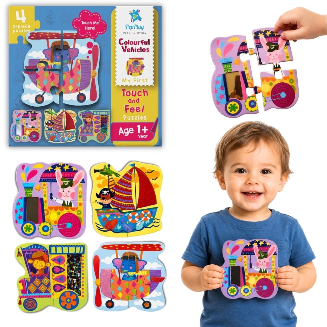 PepPlay First Puzzle Touch & Feel Animal Adventures | Bunny Train Pirate Cat Ship Monkey Truck Elephant Plane | Sensory Puzzles Real Textures | Educational Montessori Learning Toy Kids 1-4 Year | Gift
