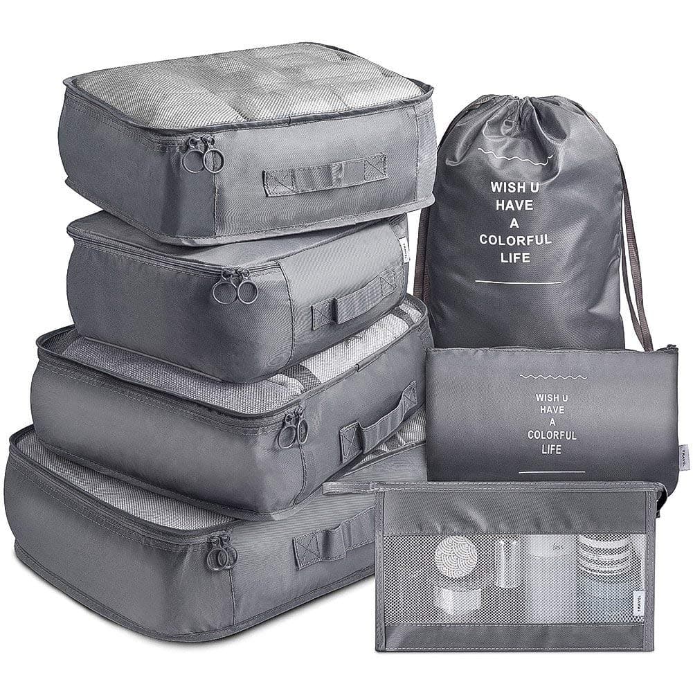 TS WITH TECHSUN 7 Pcs Travel Organizer Pouch Packing Cubes for Clothes Space Savers Bags Cosmetics/Underwear/Socks/Shoes Toiletry Bag Laundry Organiser (Nylon) (Grey)