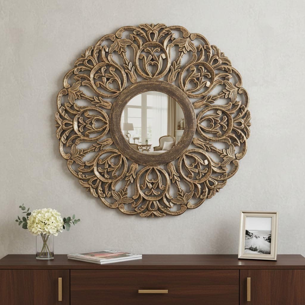 THE URBAN STORE Wall Mirror Wooden Brushed Golden Black Color 30"x30" Pack of One French Style Elegantly Hand Crafted Floral Carving Mirror for Home and Office Decor TUSMR07