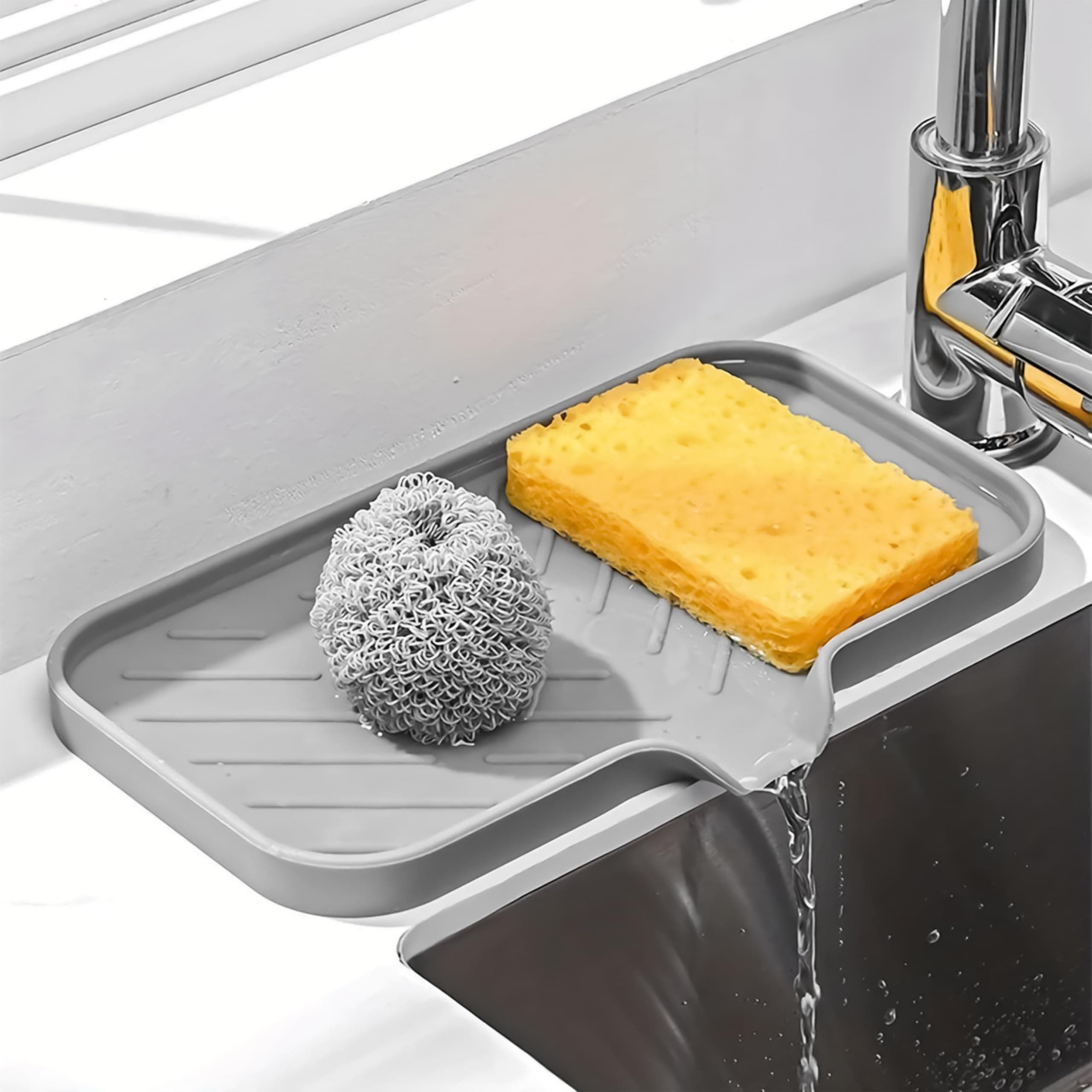 Livzing MultiPurpose Silicone Sink Drainer Mat - Non-Slip Silicon Kitchen Sink Drying Tray for Soap & Sponge Holder with Drain Spout, Countertop & Sink Organizer for Liquid Soap, Scrubber, Dish Sponge