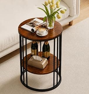 Small Round Circle End Tables (L 40 x B 40 x H 54 cm) with Faux Marble Top Bedside End Table Sintered Stone 2 Tier Design Nightstand for Home & Bed/Living Room Furniture(Black Brown)