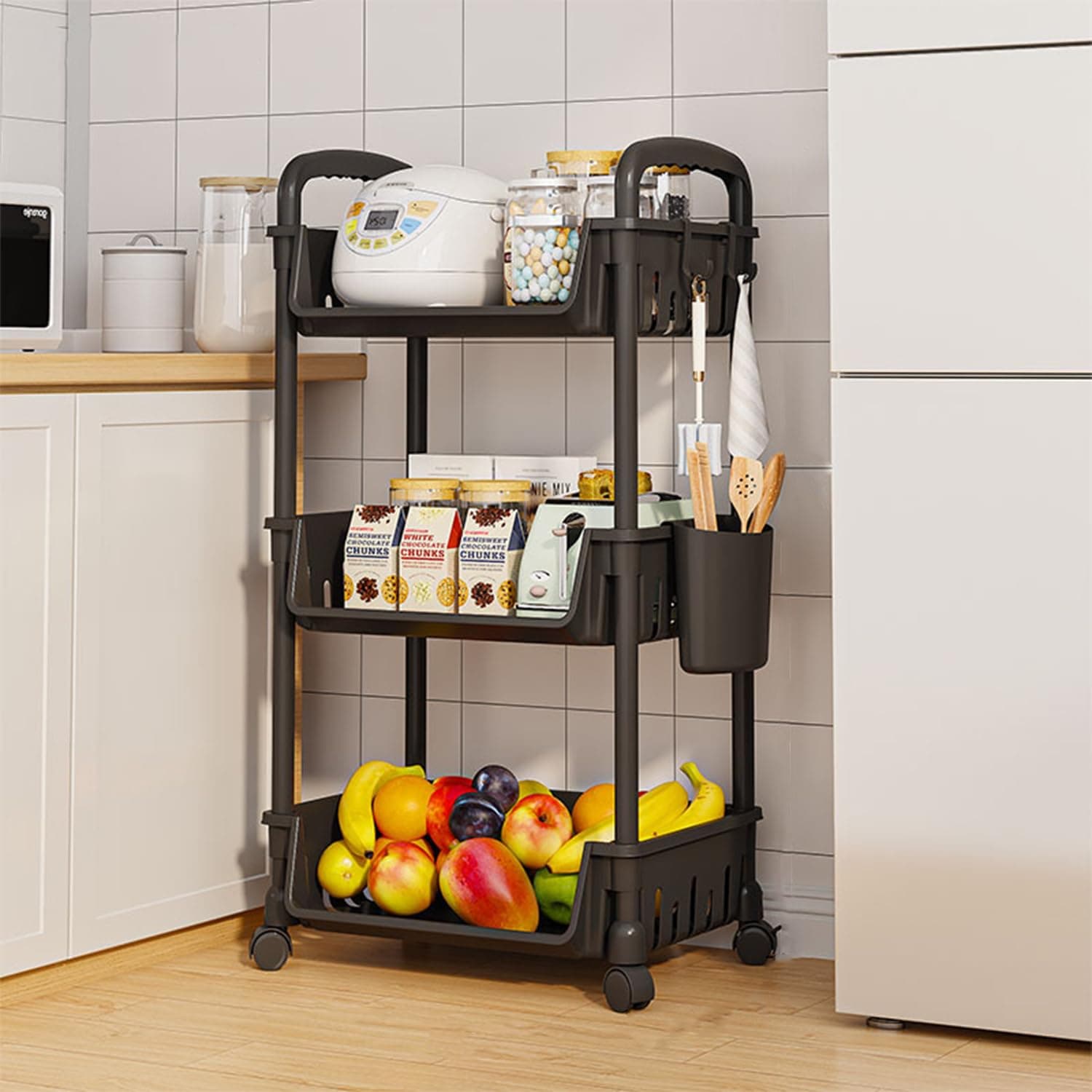 Lukzer 3-Tier Multipurpose Plastic Storage Rack with Wheels & Side Hooks | Rolling Utility Organizer Shelf for Kitchen, Bathroom, Office & Home Use – 38.5 x 26 x 63 cm (Black) CH-094