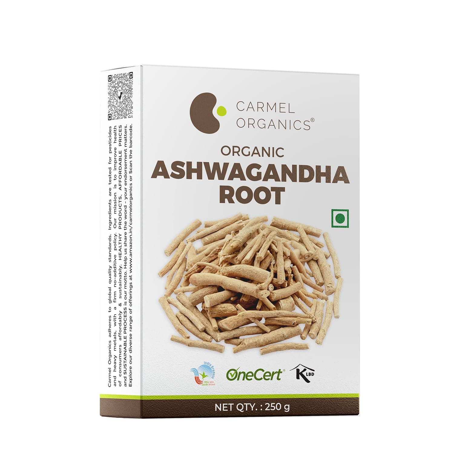 CARMEL ORGANICS Ashwagandha Root Whole 250 Gram | Jaivik Bharat Certified, Helps Fight Anxiety and Stress, Withania Somnifera, Non-GMO, No Added Preservatives