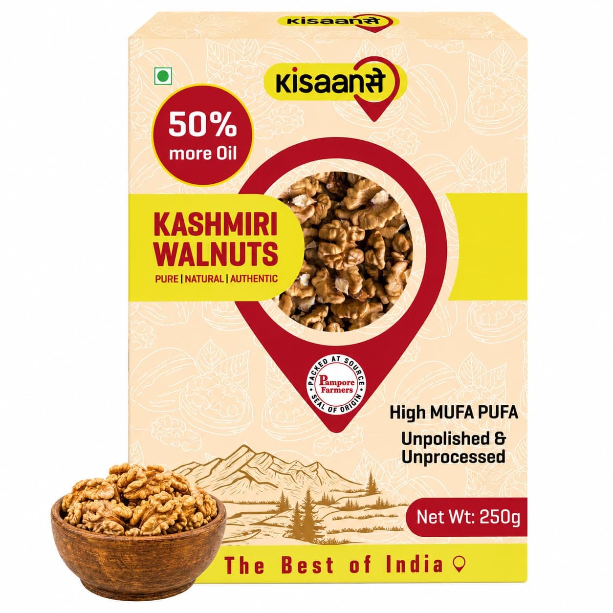 KisaanSay Kashmiri Walnuts 500gms, Without Shell, Best Oil Content, Vacuum-Packed At Source, Fresh as Just Harvested, Fresh Akhrot Giri