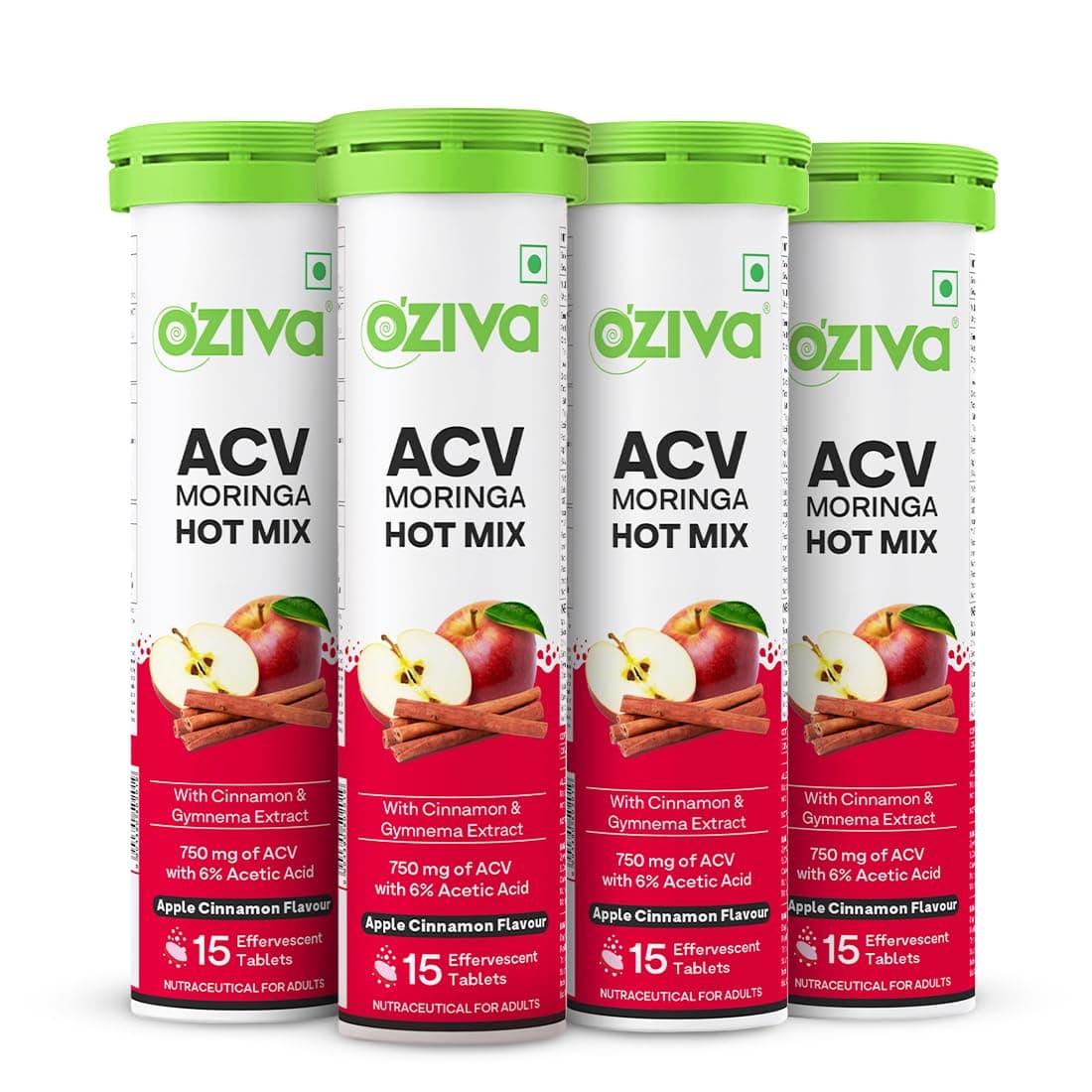 OZiva ACV Moringa Hot Mix | Control Cravings & Boost Metabolism | Apple Cider Vinegar, Gymnema, Cinnamon, Moringa | Apple Cinnamon - 15 Effervscent Tablets (Pack of 4)