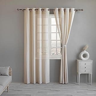 LINENWALAS Cotton Linen Solid Sheer Curtain Set with Grommet Curtains Rings Non Blackout Door Curtain - Set of 2 -Natural Linen - 4.5Ft X7Ft.