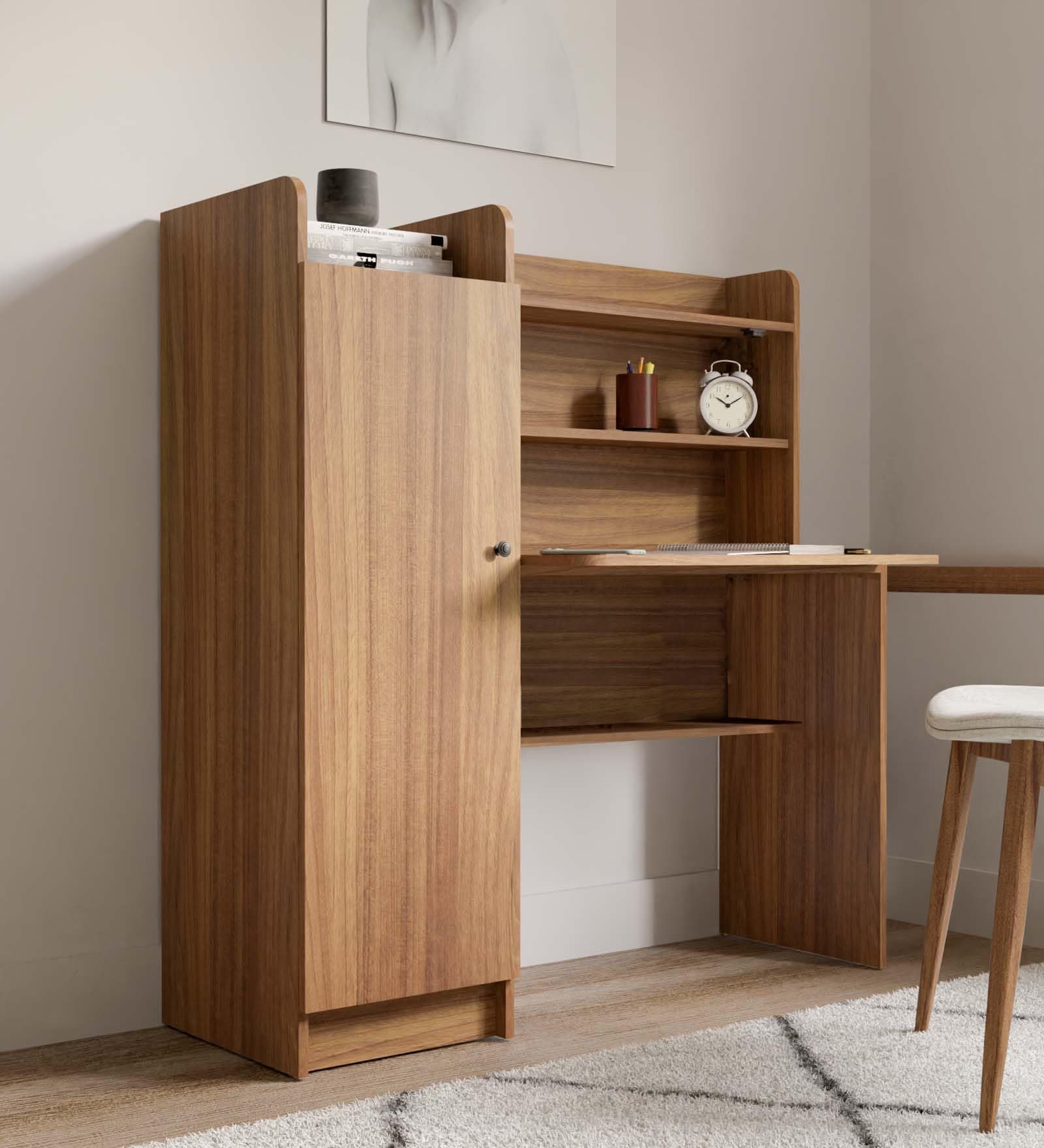 NEUDOT Vision Engineered Wood Study Table with Single Door Storage | Leon Teak Finish | Compact & Modern Work Desk | Durable Study & Laptop Table