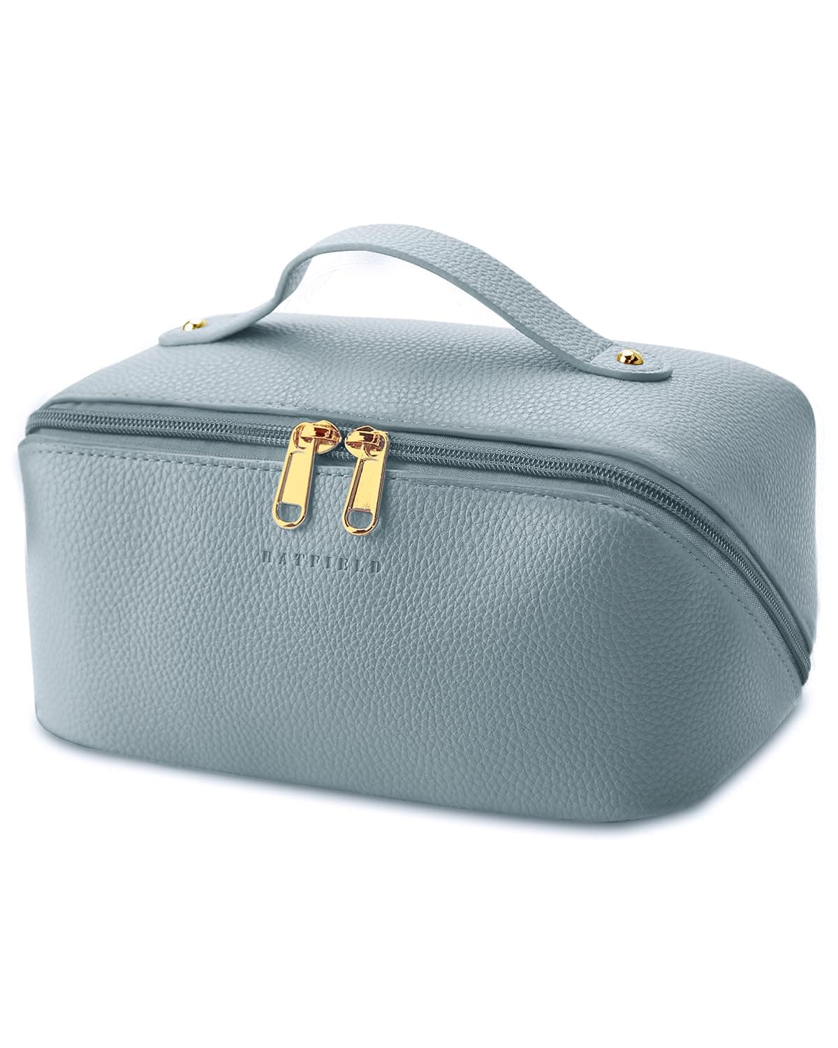 Batfield Cosmetic Bag For Women, Litchi Pu Leather Makeup Pouch, Large Capacity Travel Bag, Portable Makeup Kit Storage Bag With Handle & Divider, Blue, 12 cm