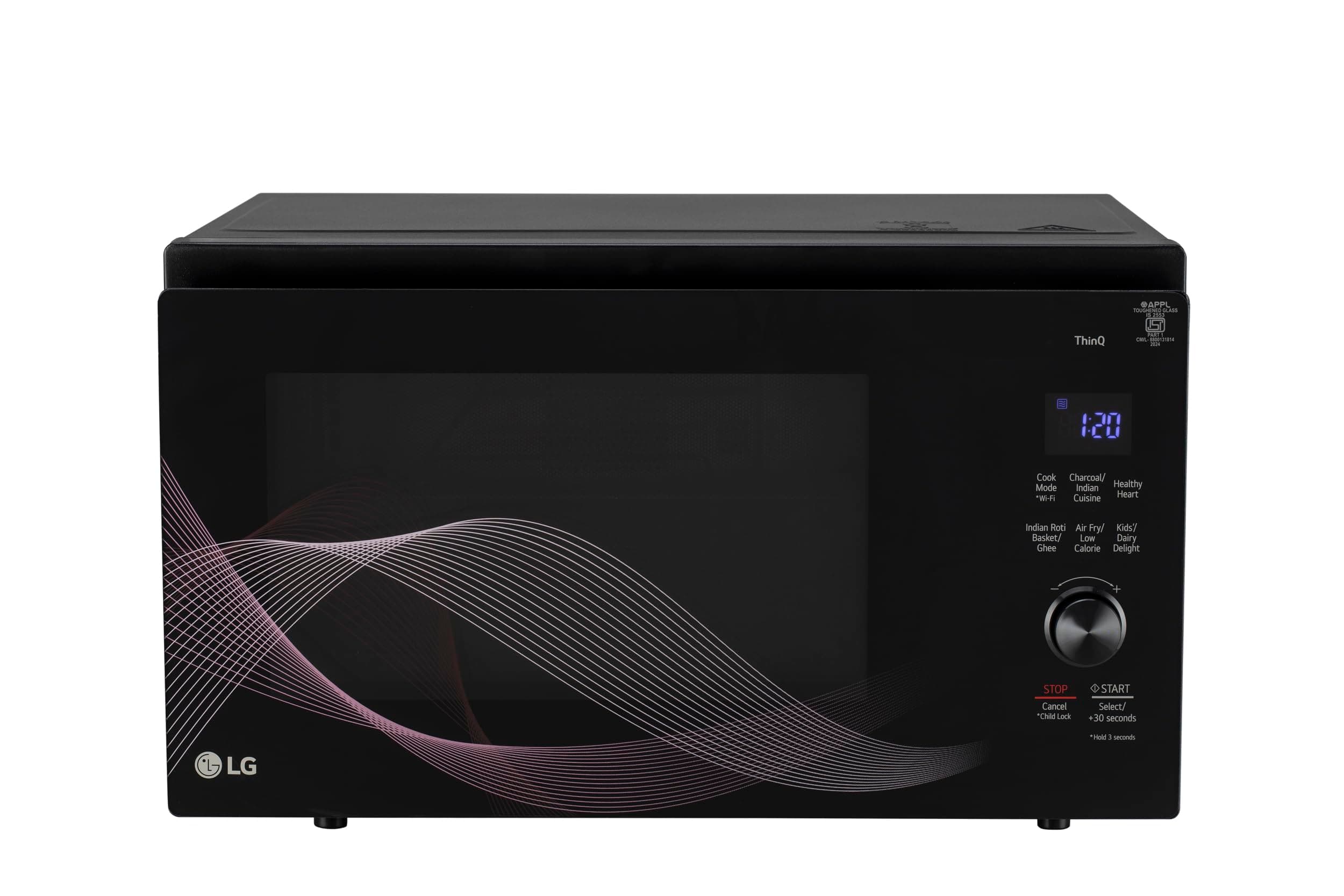 LG 32 L, Convertible Microwave Oven with Air Fry, Charcoal Lighting Heater, Wi-Fi Enabled (MJEN326UHWF, Black, Motorised Rotisserie, 60 Air Fry Recipe, 40 Scan to Cook Recipes & 431 Auto Cook Menu)