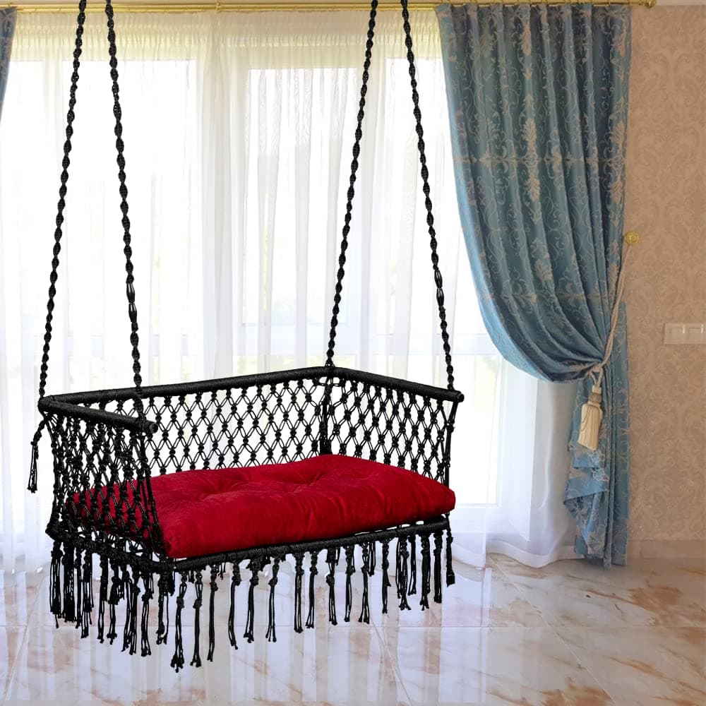 Patiofy Double Seater Swing Chair Arm Rest/Hanging Hammock For 2 People/Jhula Adults/2 Balcony/200Kg Weight Holding Capacity/Hanging Kit & Cushion Included-Black - Polyester