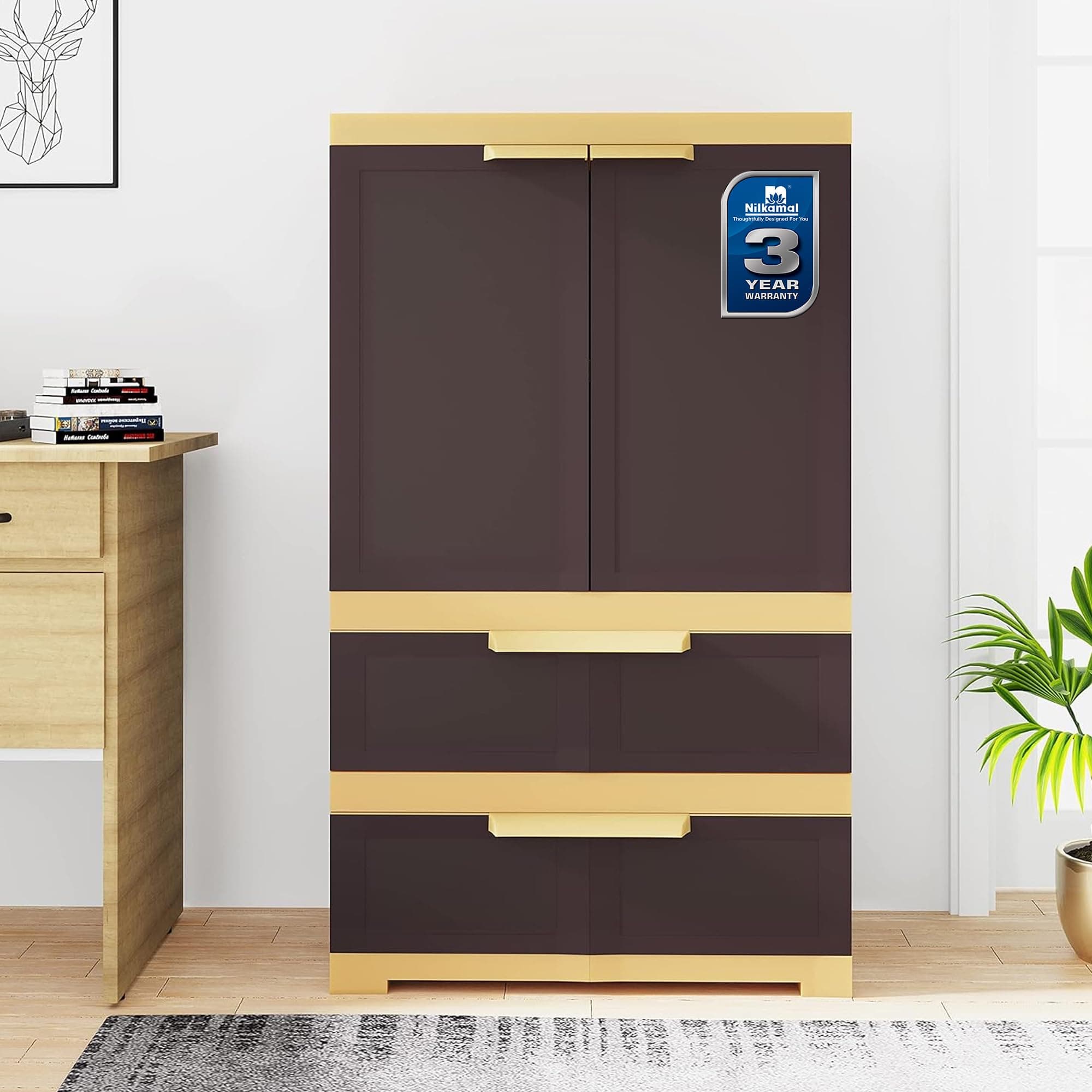 Nilkamal Freedom FMDR2BE Plastic Storage Cabinet with 2 Drawer Clothes Organizer|3-Year Warranty|Shelves|Wardrobe|Adult & Kids|Multipurpose for Home, Kitchen & Office (Weathered Brown & Biscuit)