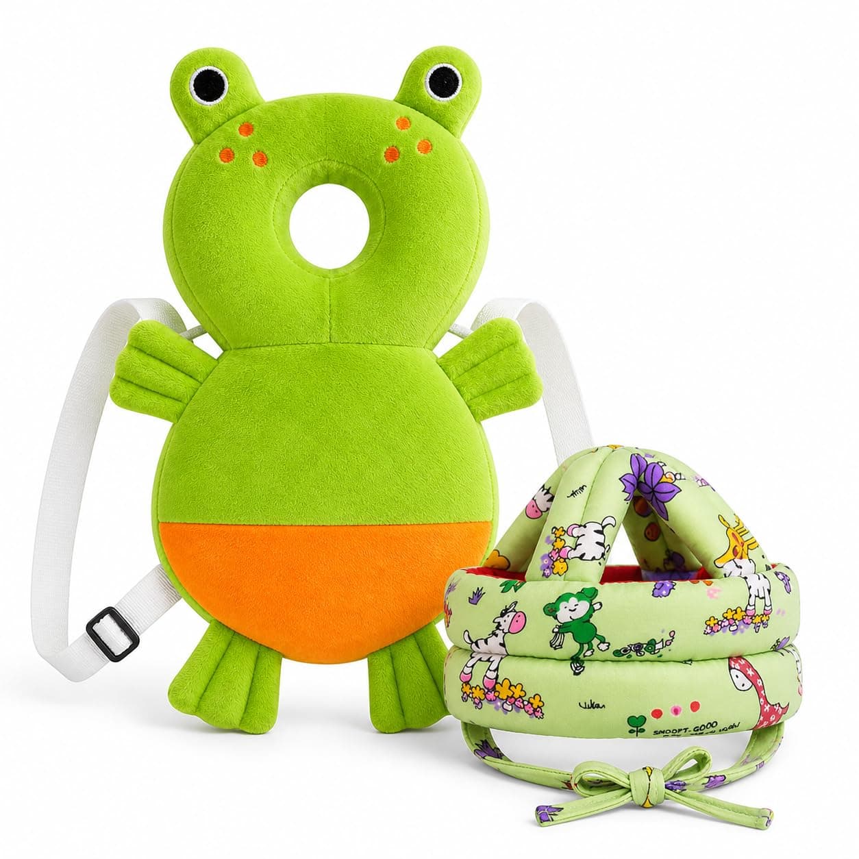 GLUN® Baby Back Protector with Head Protective Hat Combo Set, Cute Frog Shape Soft Cushioning, Adjustable Shoulder Belt, Head Protection Gear for 6-18 Month Toddler Kids