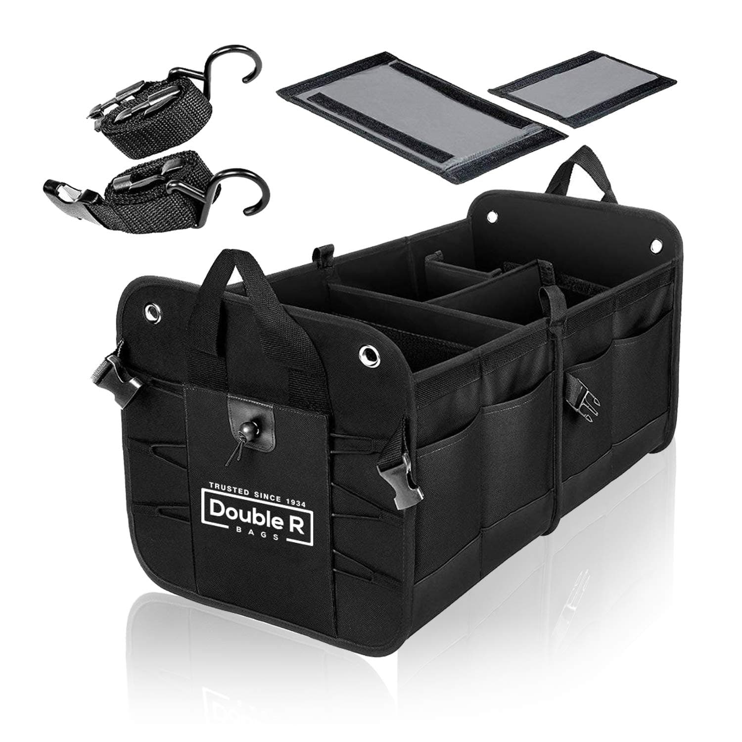 Double R Bags Collapsible Car Trunk Organizer with 4 Compartments & 7 Pockets | Heavy Duty Polyester Storage Bag for SUV, Sedan, Minivan, Boot & Garage (Black, 32x60x37 cm)